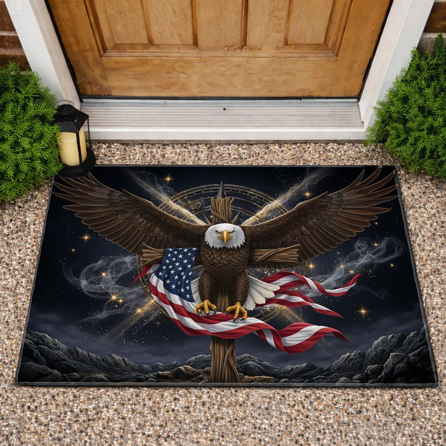 Bald Eagle American Flag Cross - Independence Day Gift for Veterans Doormat - 1