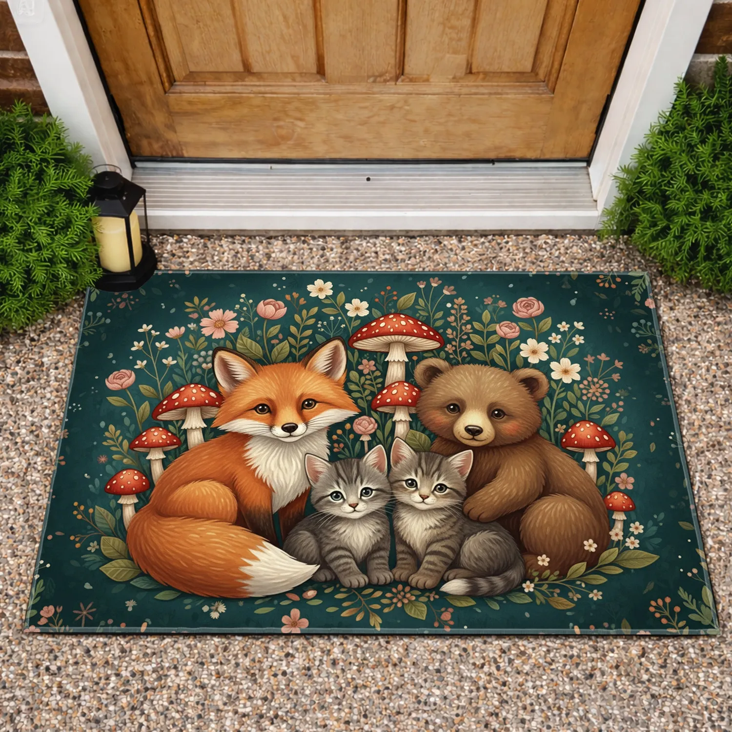 Fluffy Forest Animals Wildflowers Mushrooms - Home Decor Gift for Wildlife Lover Doormat - 1