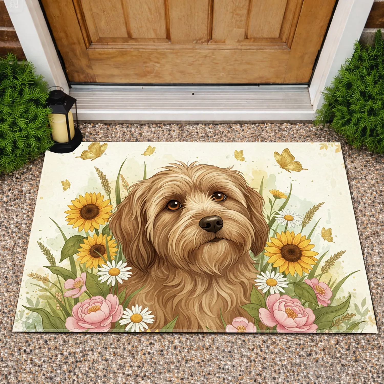 Shaggy Light Brown Dog Wildflowers Butterflies - Home Decor Gift for Dog Lovers Doormat - 1
