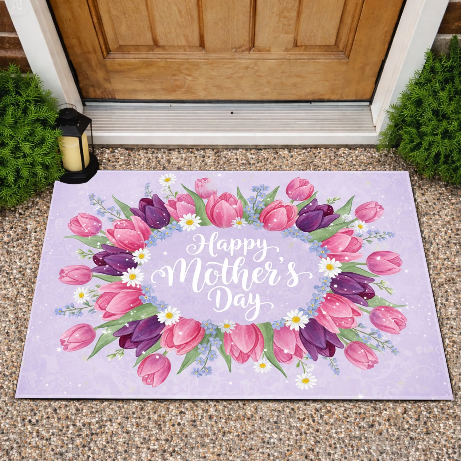 Happy Mother's Day Pink Purple Tulips Forget-Me-Nots Daisies Sparkle - Mother's Day Gift Doormat - 1