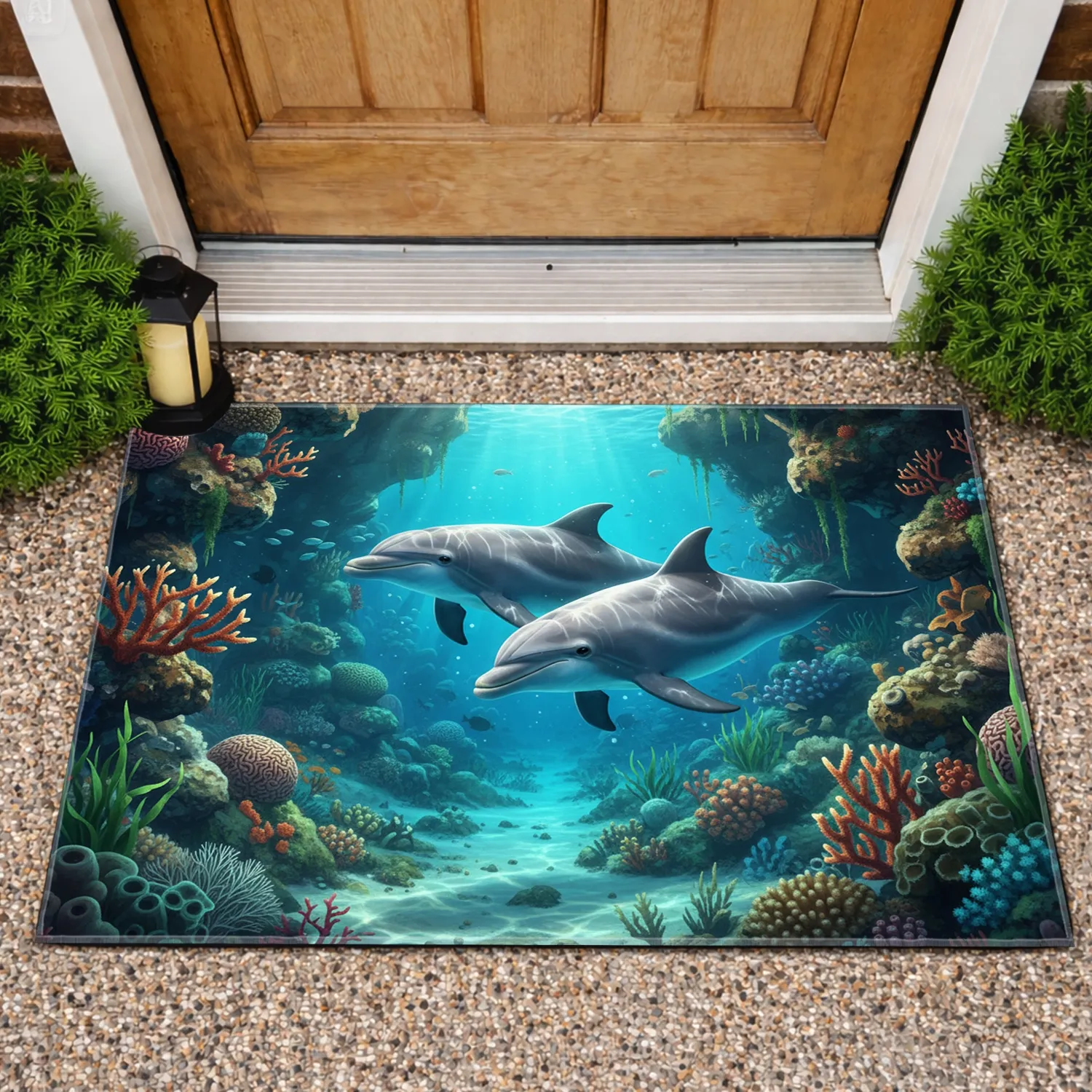Dolphins Underwater Grotto Coral Scene - Wildlife Lover Home Decor Gift Doormat - 1