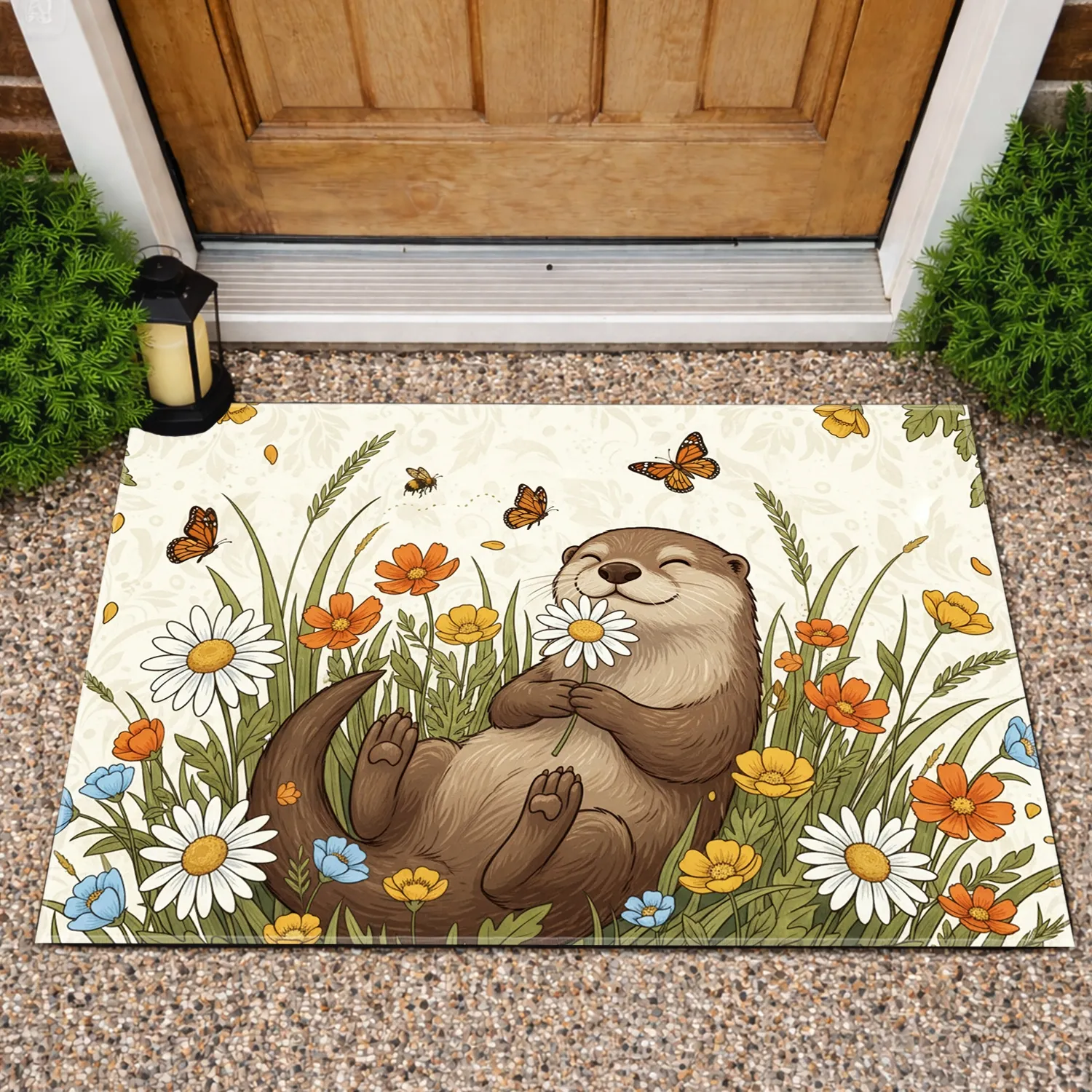 Cheerful Otter Daisy Butterfly Wildflower Meadow - Home Decor Gift for Otter Lover Doormat - 1
