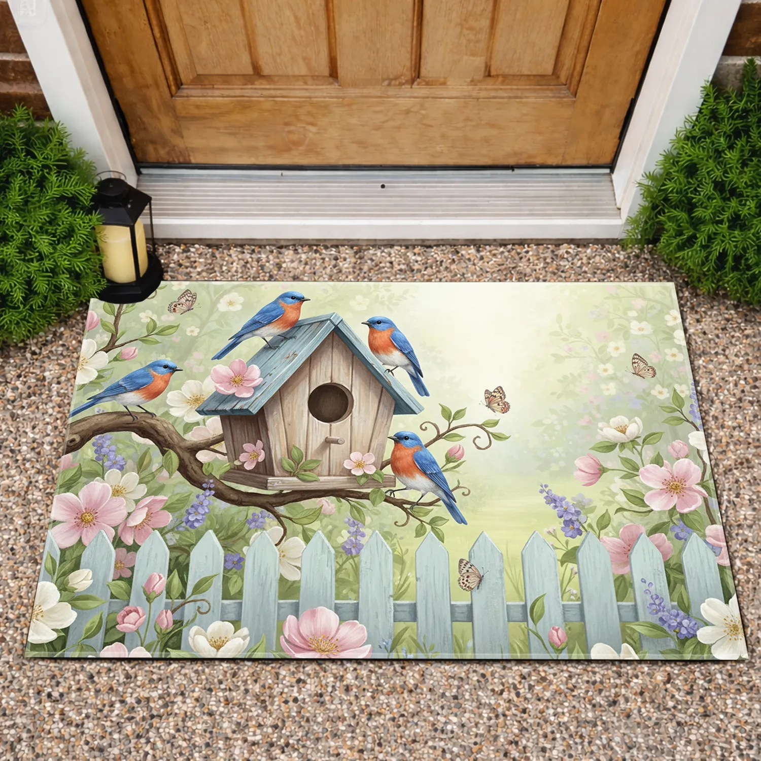 Rustic Wooden Birdhouse Bluebirds Garden Flowers - Spring Garden Decor for Bird Watchers Doormat - 1