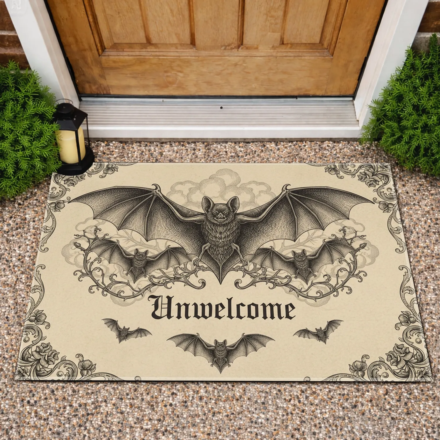 Unwelcome Gothic Bat Floral Thorn - Halloween Party Decor Doormat - 1