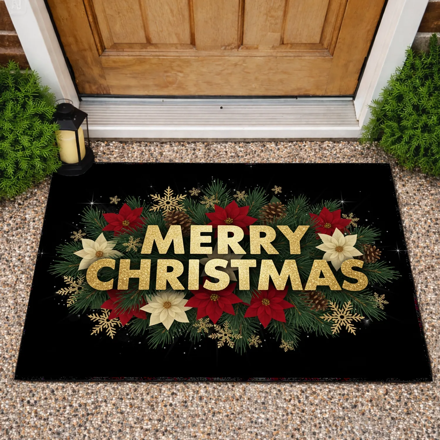 Merry Christmas Rustic Gold Pine Poinsettia Snowflake - Christmas Decor Doormat - 1