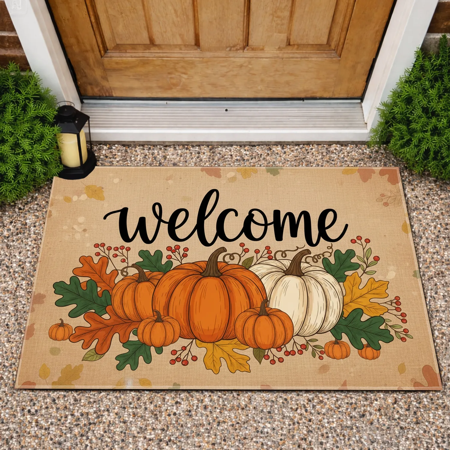 Welcome Script Pumpkins Oak Leaves Maple Foliage Berries - Autumn Season Home Decor Gift Doormat - 1