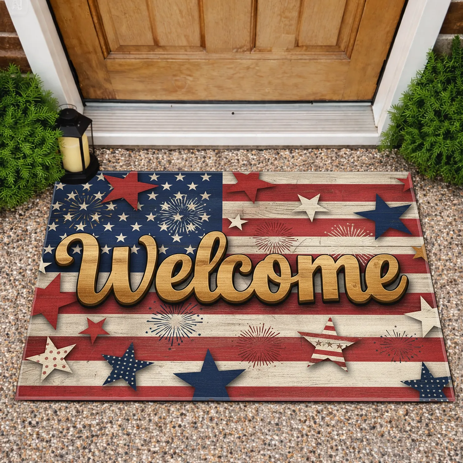 Welcome American Flag Wood Script Stars Fireworks - Farmhouse Home Decor Doormat - 1