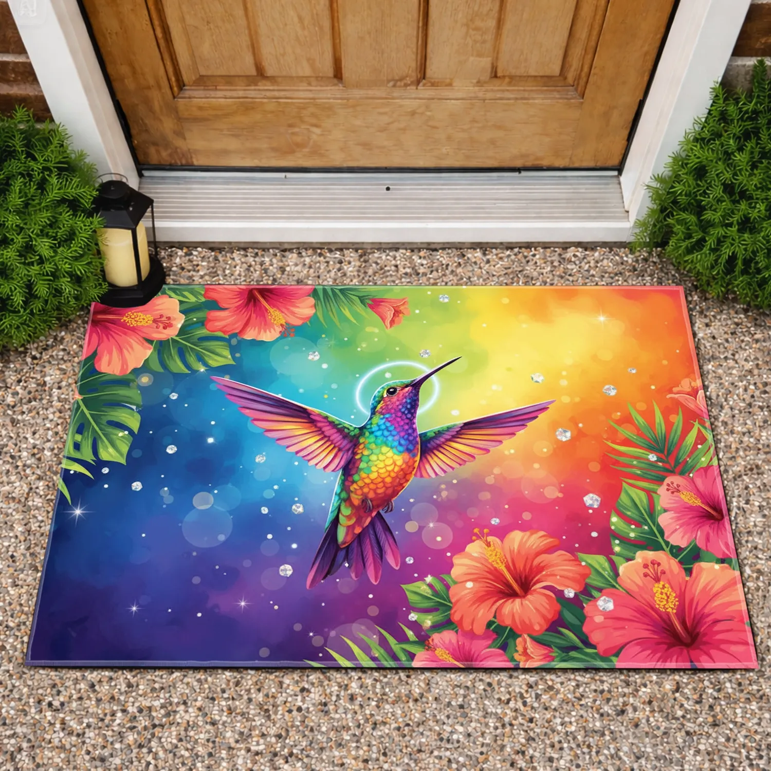 Iridescent Hummingbird Tropical Garden Flowers - Wildlife Lover Gift Doormat - 1