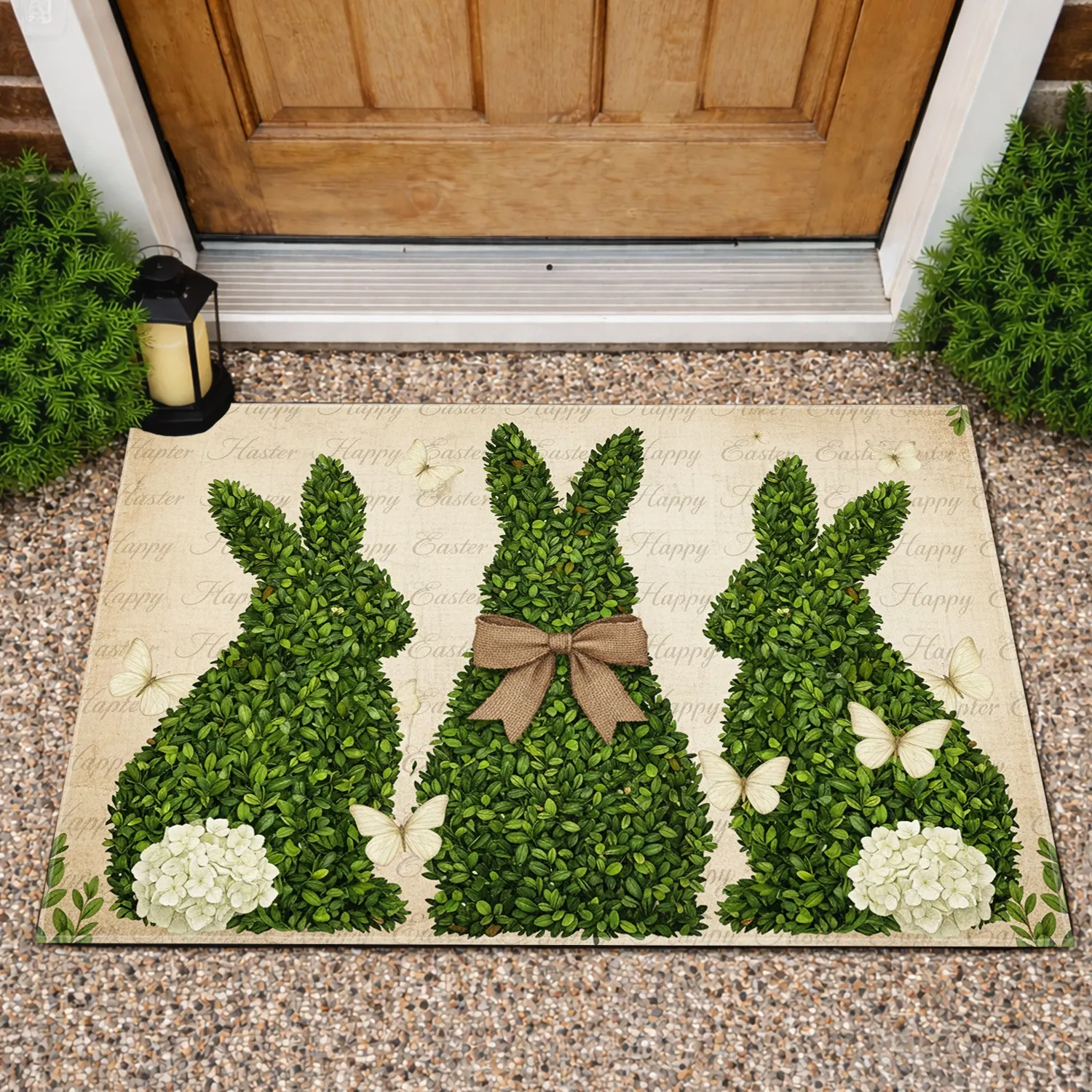 Rustic Burlap Green Boxwood Bunny Rabbits Hydrangea Tails - Happy Easter Gift Doormat - 1