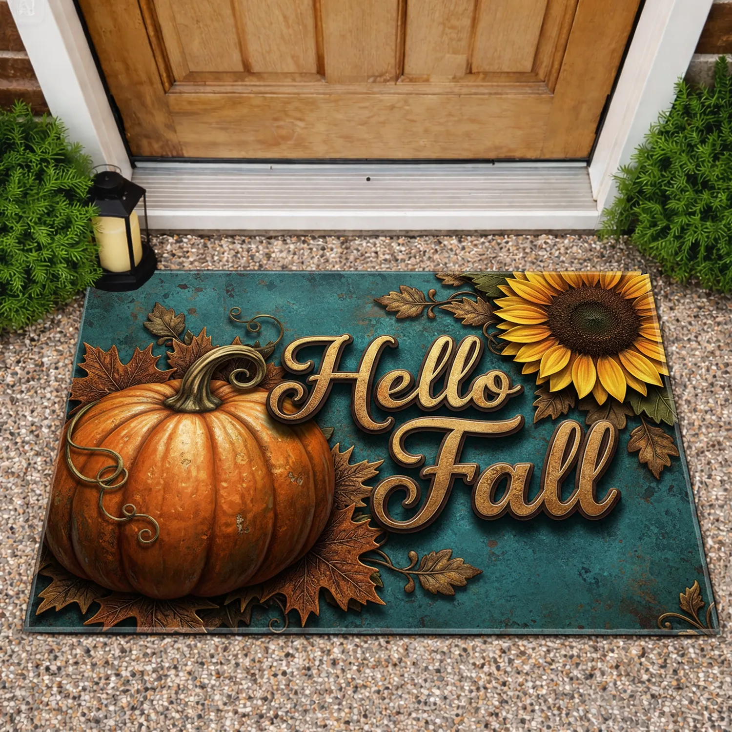 Hello Fall Pumpkin Sunflower Autumn Leaves - Rustic Vintage Home Decor Doormat - 1