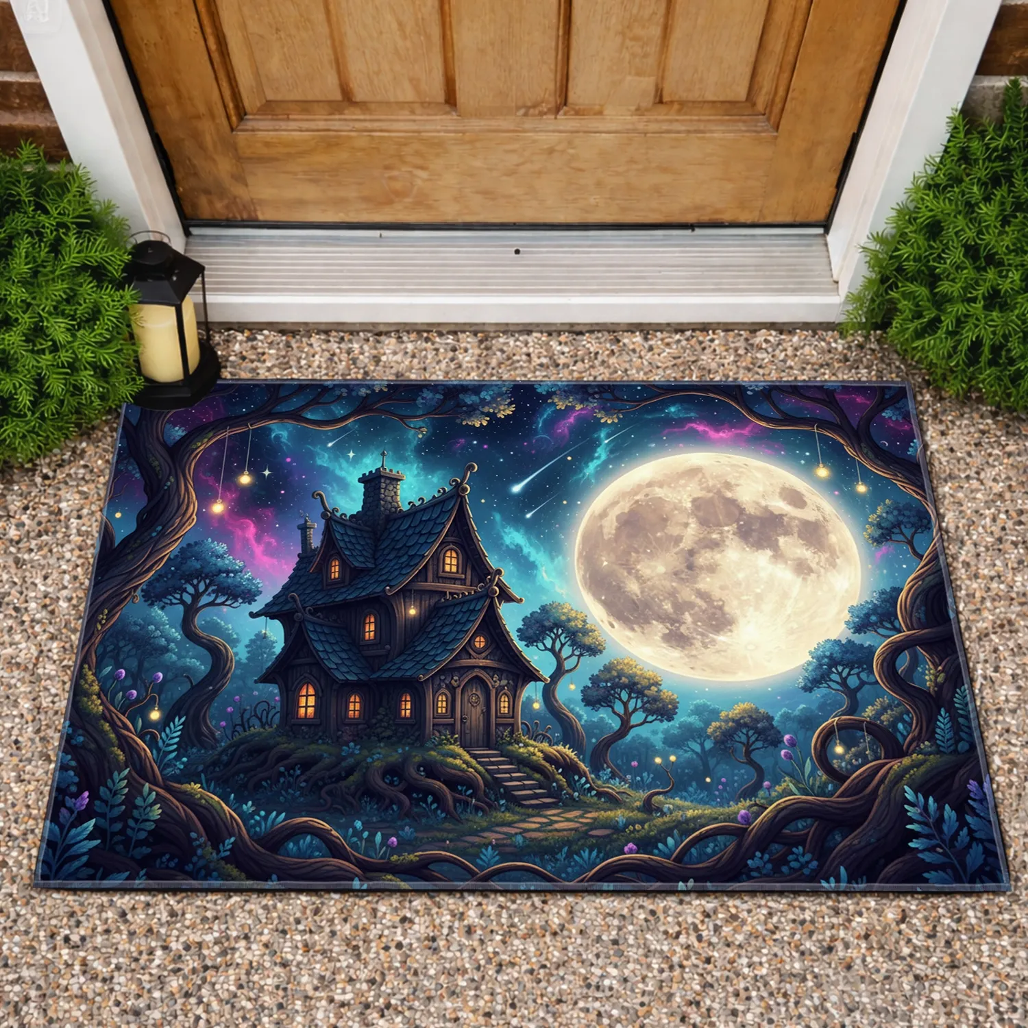 Luminous Full Moon Cosmic Nebula Forest House with Glowing Windows - Home Decor Gift Doormat - 1