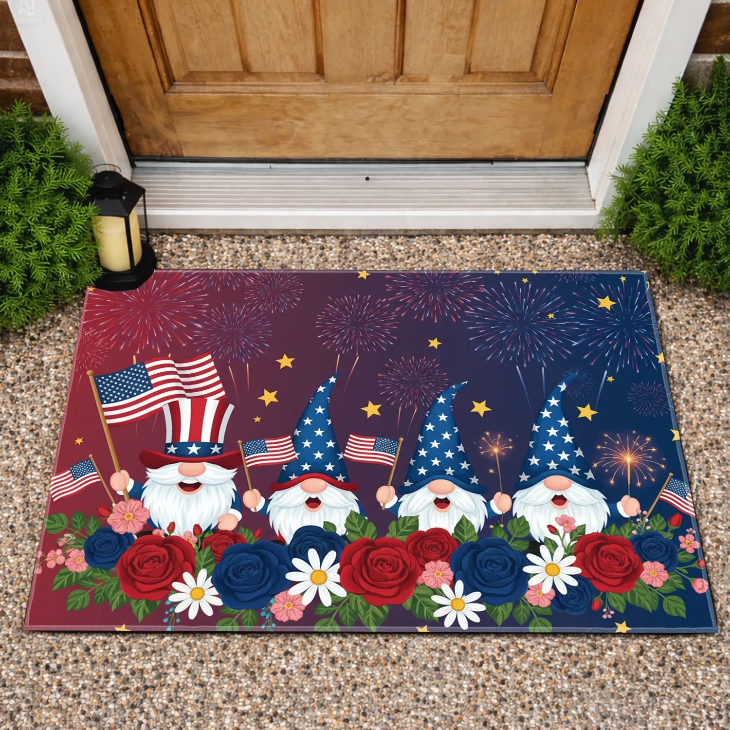 Patriotic Gnomes Fireworks Garland - Independence Day Gift for Veterans Doormat - 1