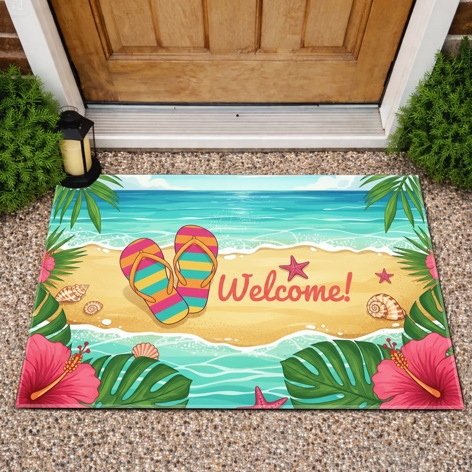 Welcome Flip Flops Tropical Beach - Home Decor Gift Doormat - 1