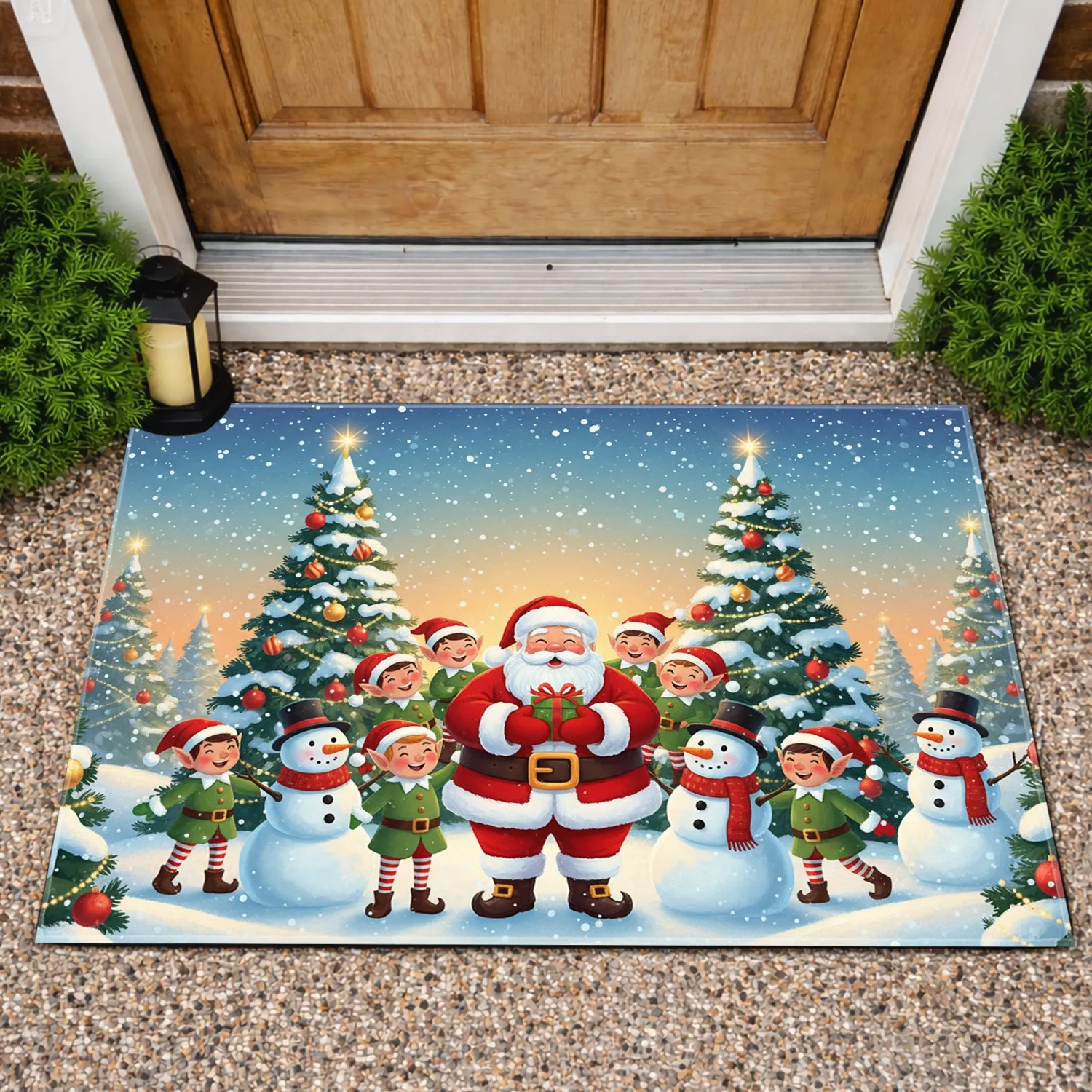 Santa Claus Elves Snowmen Pine Trees - Christmas Home Decor Gift Doormat - 1