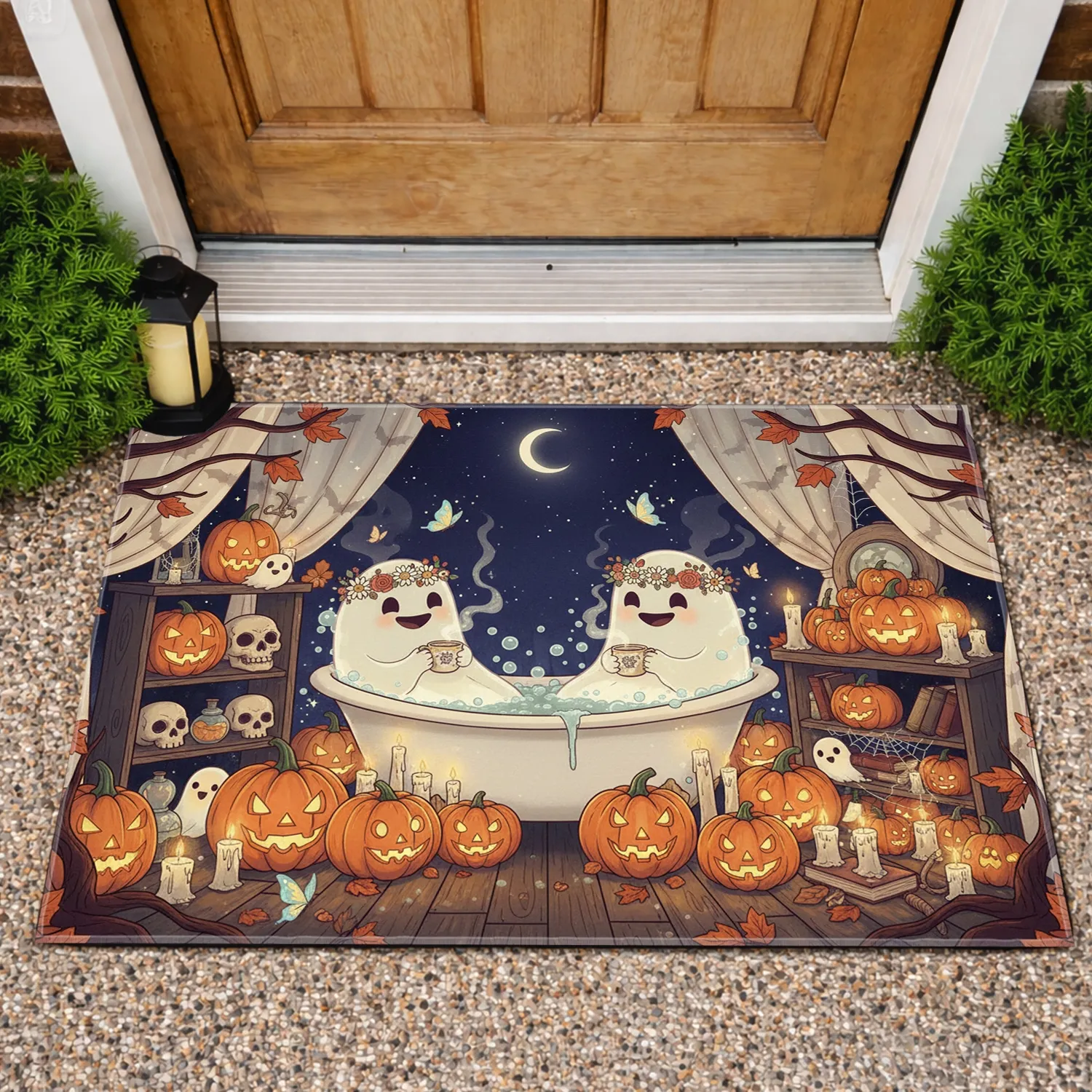 Ghosts Bathtub Pumpkins Jack-O'-Lanterns Skulls - Halloween Home Decor Gift Doormat - 1