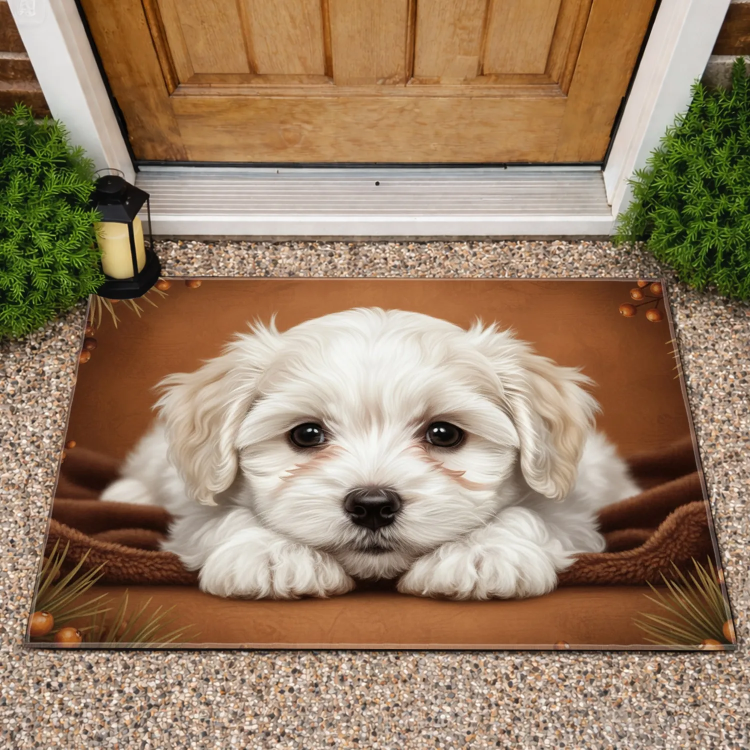 Fluffy White Puppy Head on Paws Pine Sprigs Berries - Cozy Home Decor Gift for Dog Lover Doormat - 1
