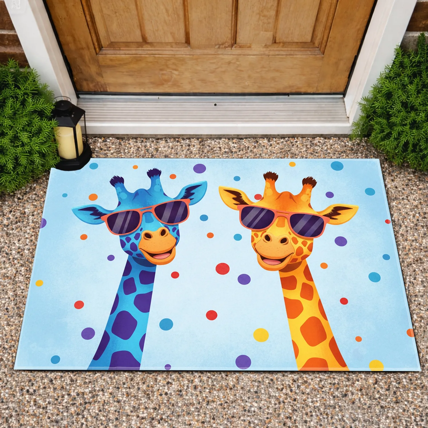 Two Blue Orange Spotted Giraffes Sunglasses Confetti - Celebration Decor Gift Doormat - 1