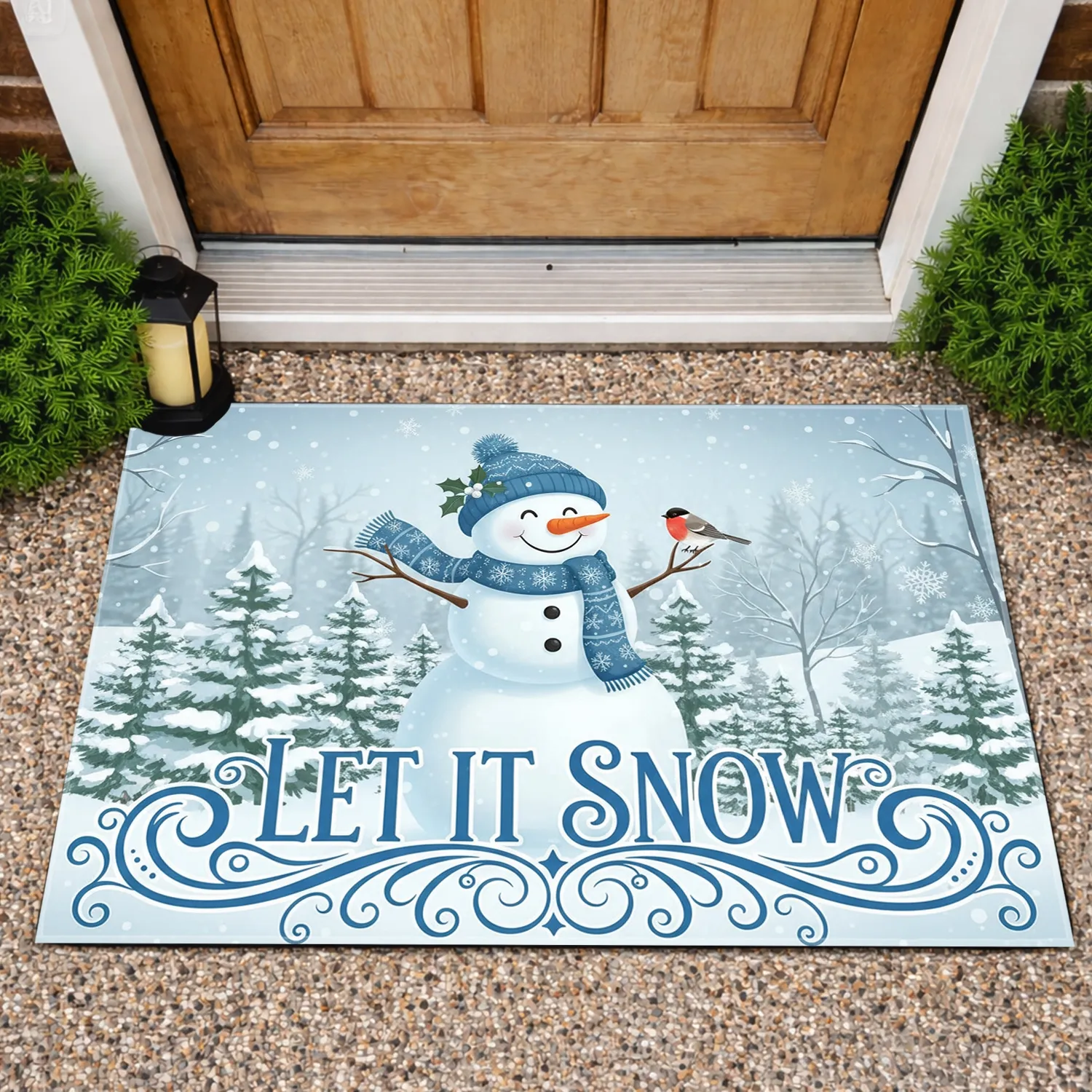 Smiling Snowman Bird Pine Trees Let It Snow Text - Christmas Winter Home Decor Gift Doormat - 1
