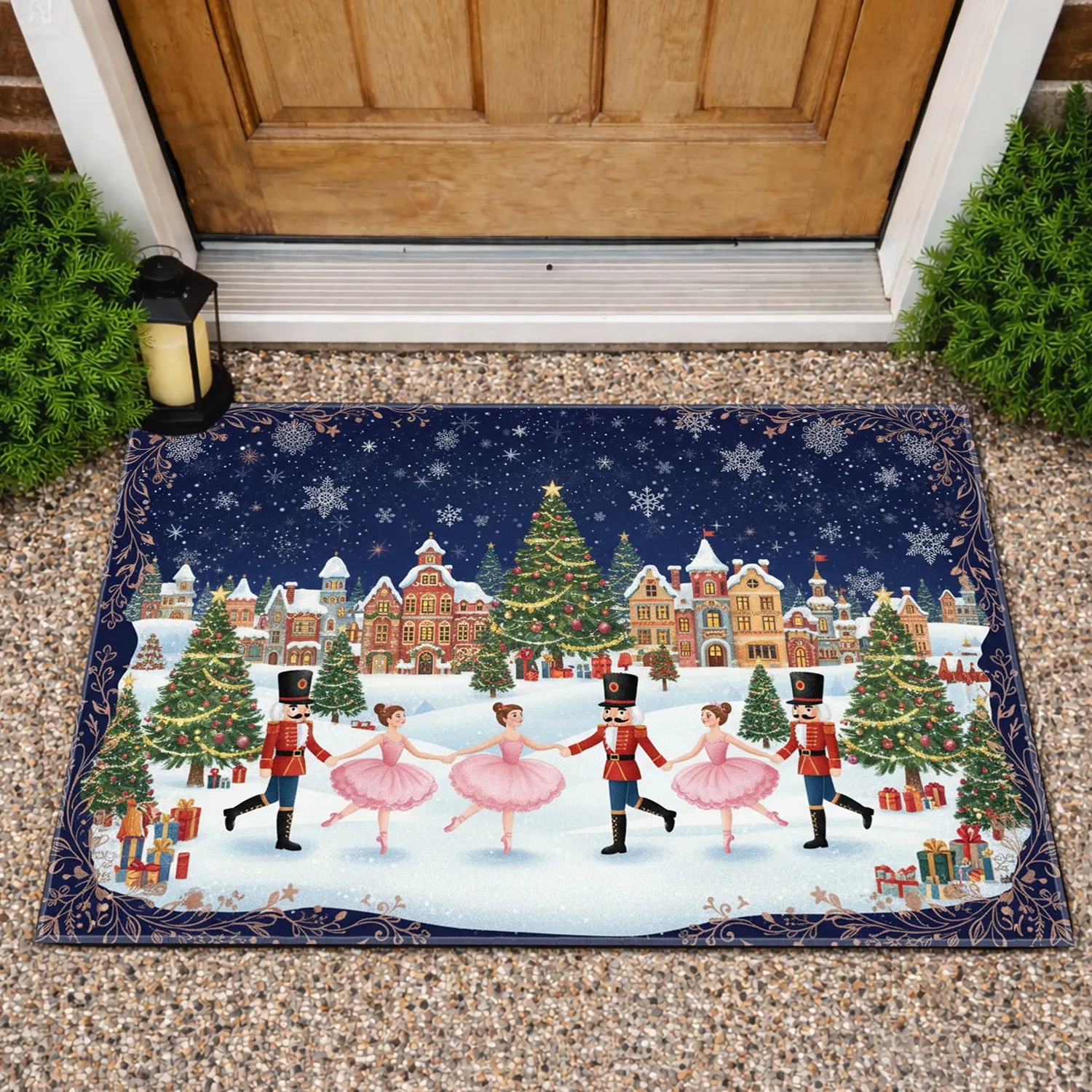 Nutcracker Ballerinas Christmas Trees Snow Scene - Christmas Holiday Decor Doormat - 1