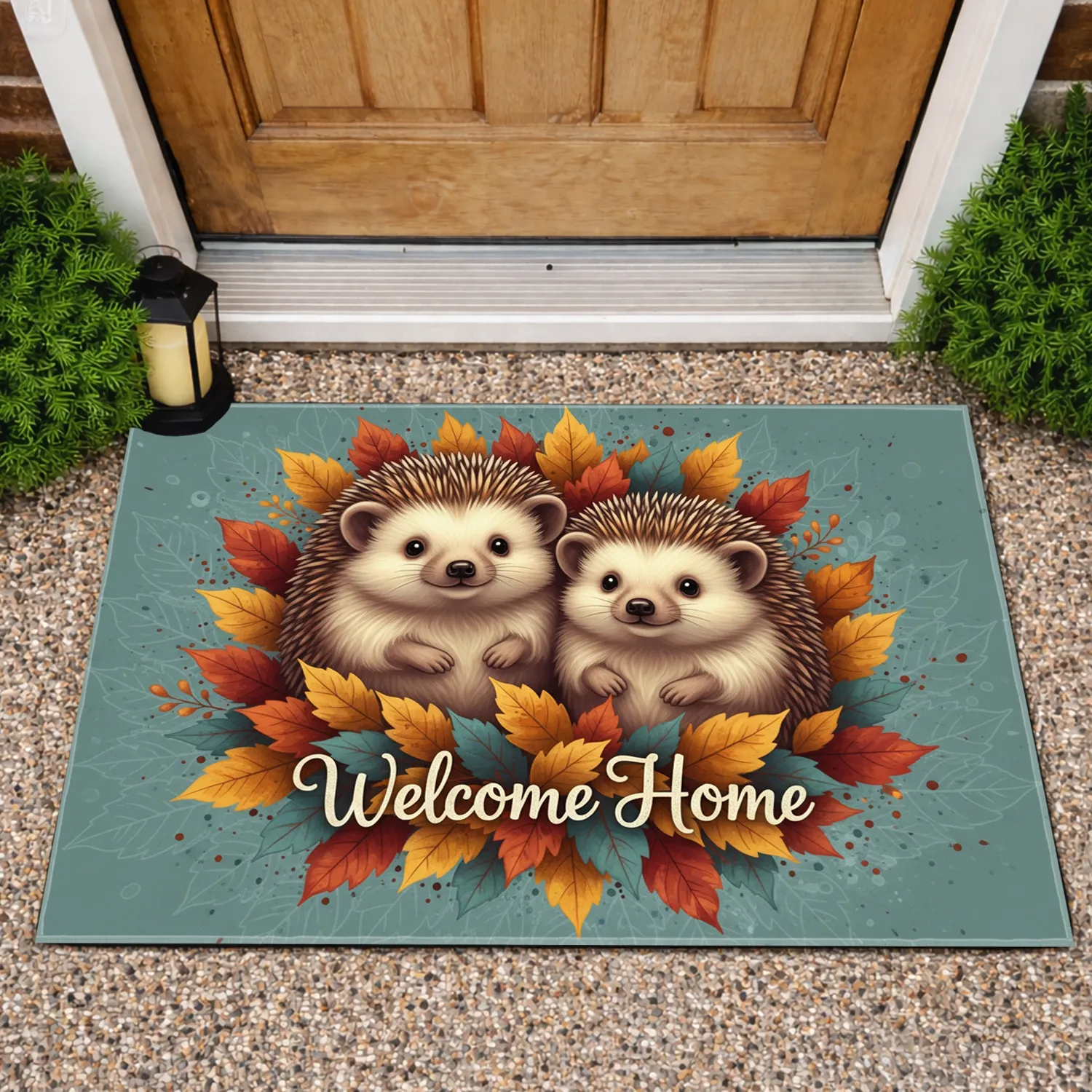 Two Hedgehogs Autumn Leaves Welcome Home Phrase - Autumn Home Decor Gift for Hedgehog Lover Doormat - 1