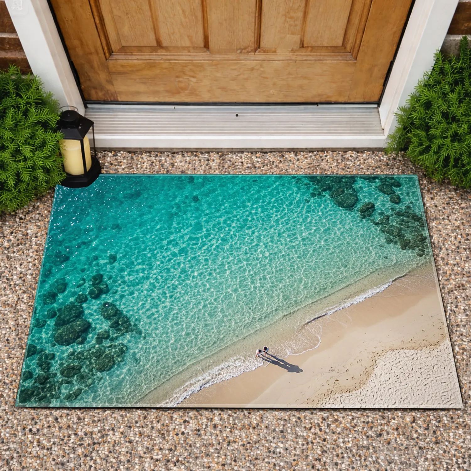 Turquoise Ocean Beach Couple - Coastal Home Decor Gift for Travel Lovers Doormat - 1