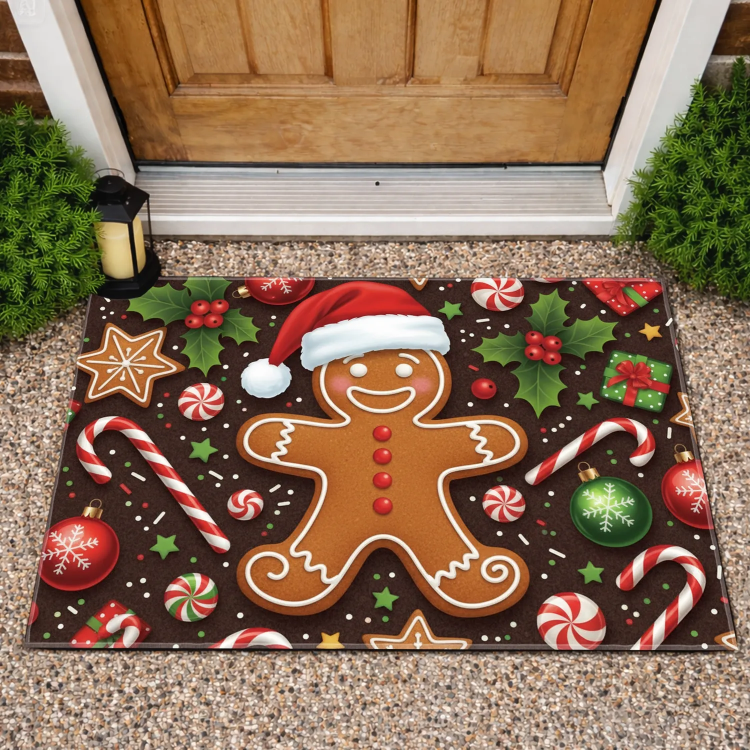 Gingerbread Man Santa Hat Christmas Candies Holly Baubles Festive Home Decor Doormat - 1