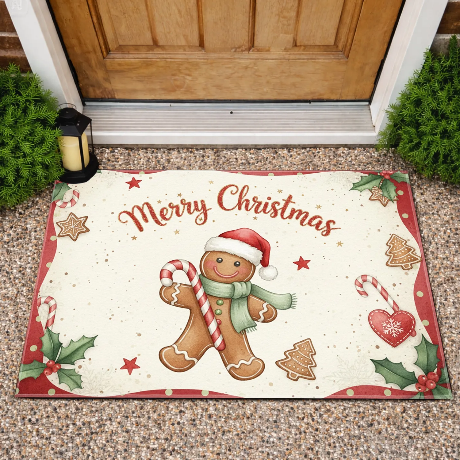 Gingerbread Man Merry Christmas Candy Cane - Holiday Home Decor Doormat - 1
