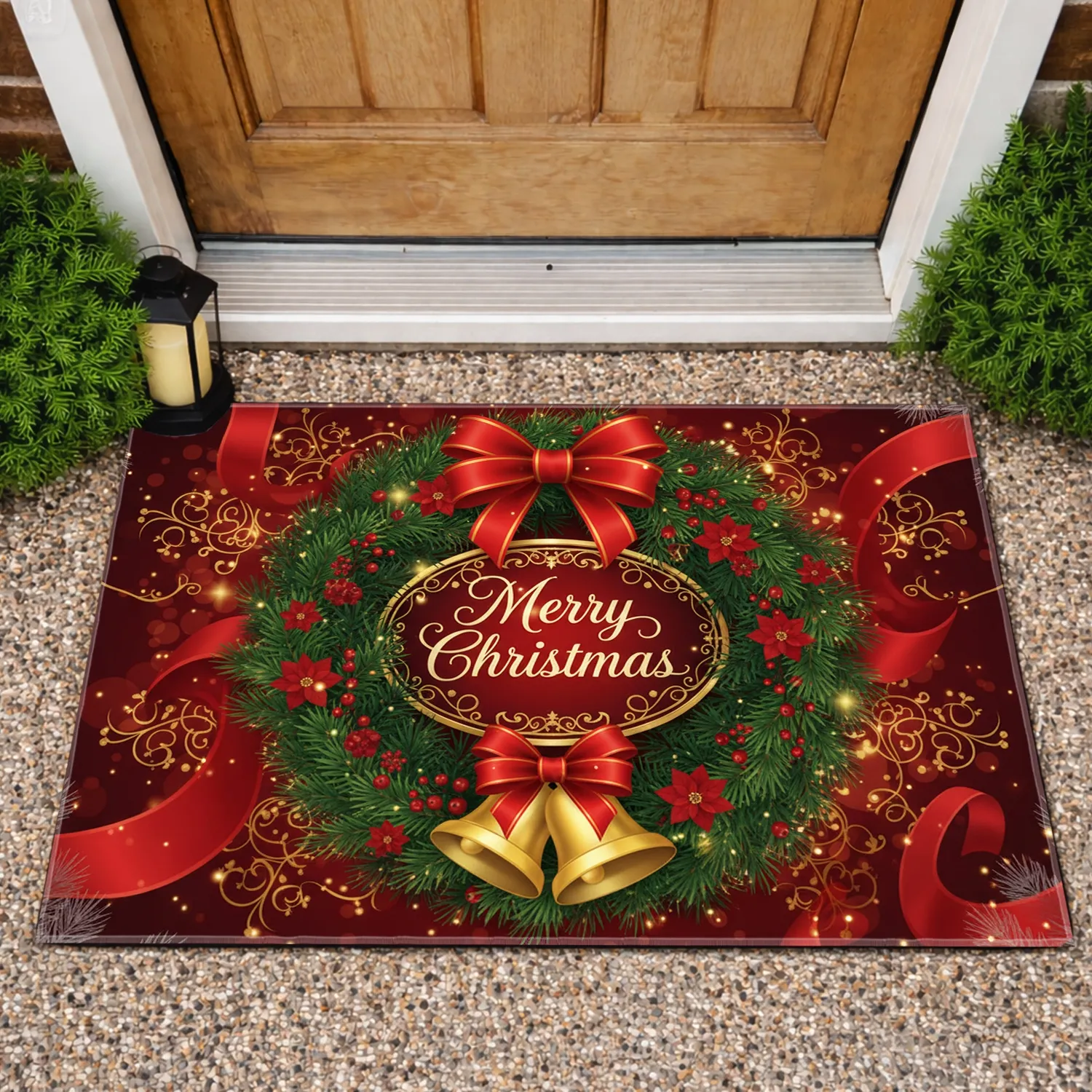 Merry Christmas Script Wreath Golden Bells - Holiday Home Decor Gift Doormat - 1
