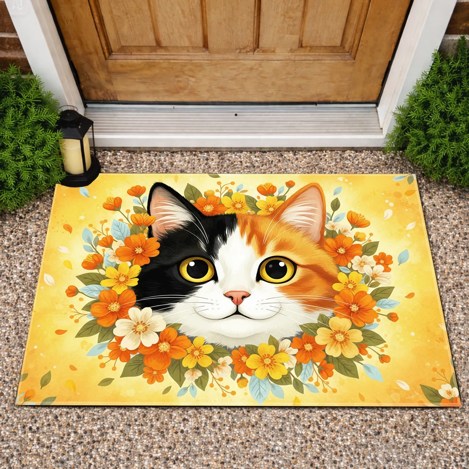 Stylized Cat Face Floral Botanical - Home Decor Gift for Cat Lovers Doormat - 1