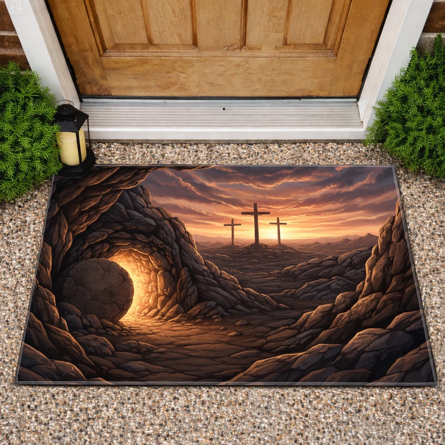 Three Crosses Empty Tomb Sunrise - Easter Decor for Christian Believers Doormat - 1