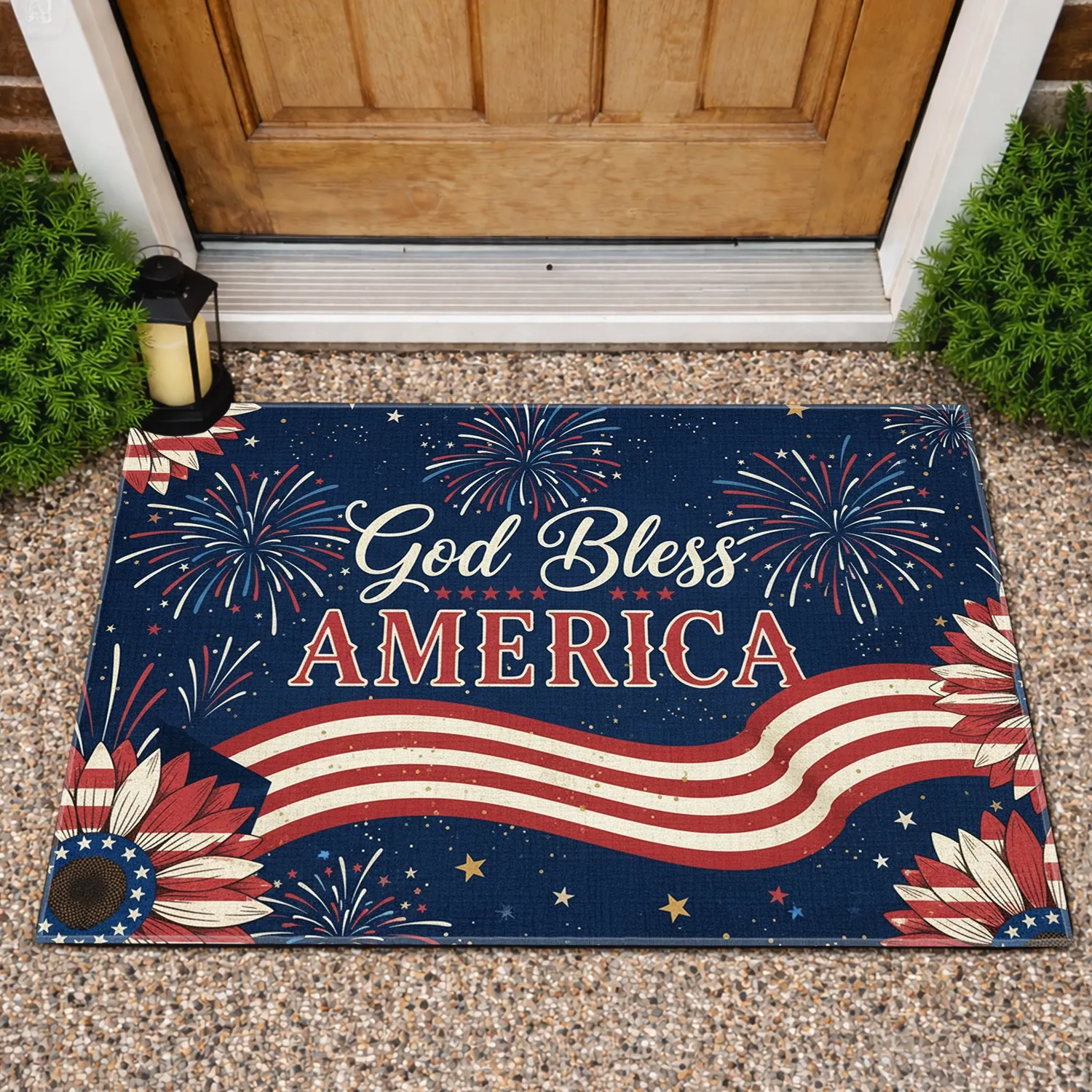 God Bless America Sunflowers Fireworks - Independence Day Home Decor Gift Doormat - 1