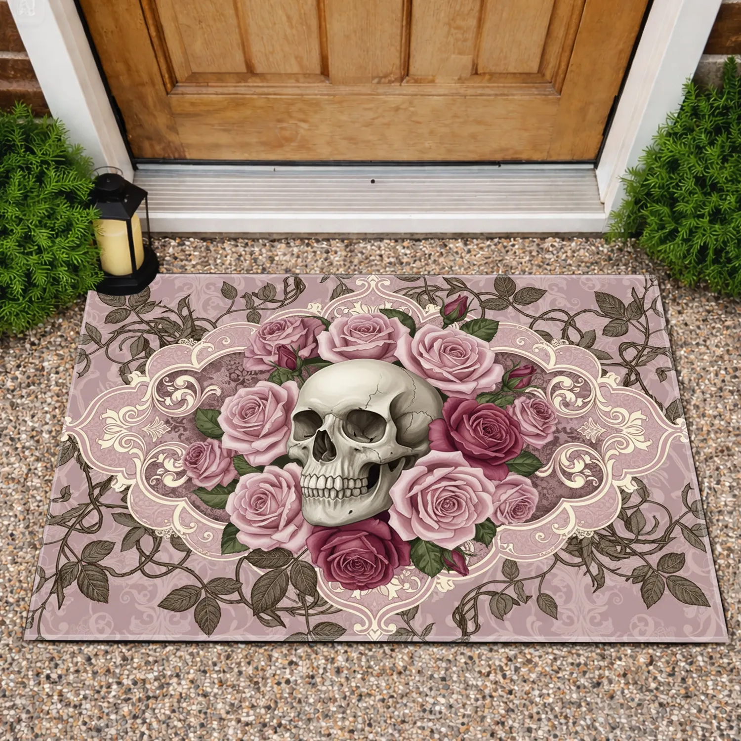 Human Skull Roses Vines Filigree Lace - Home Decor Gift Doormat - 1