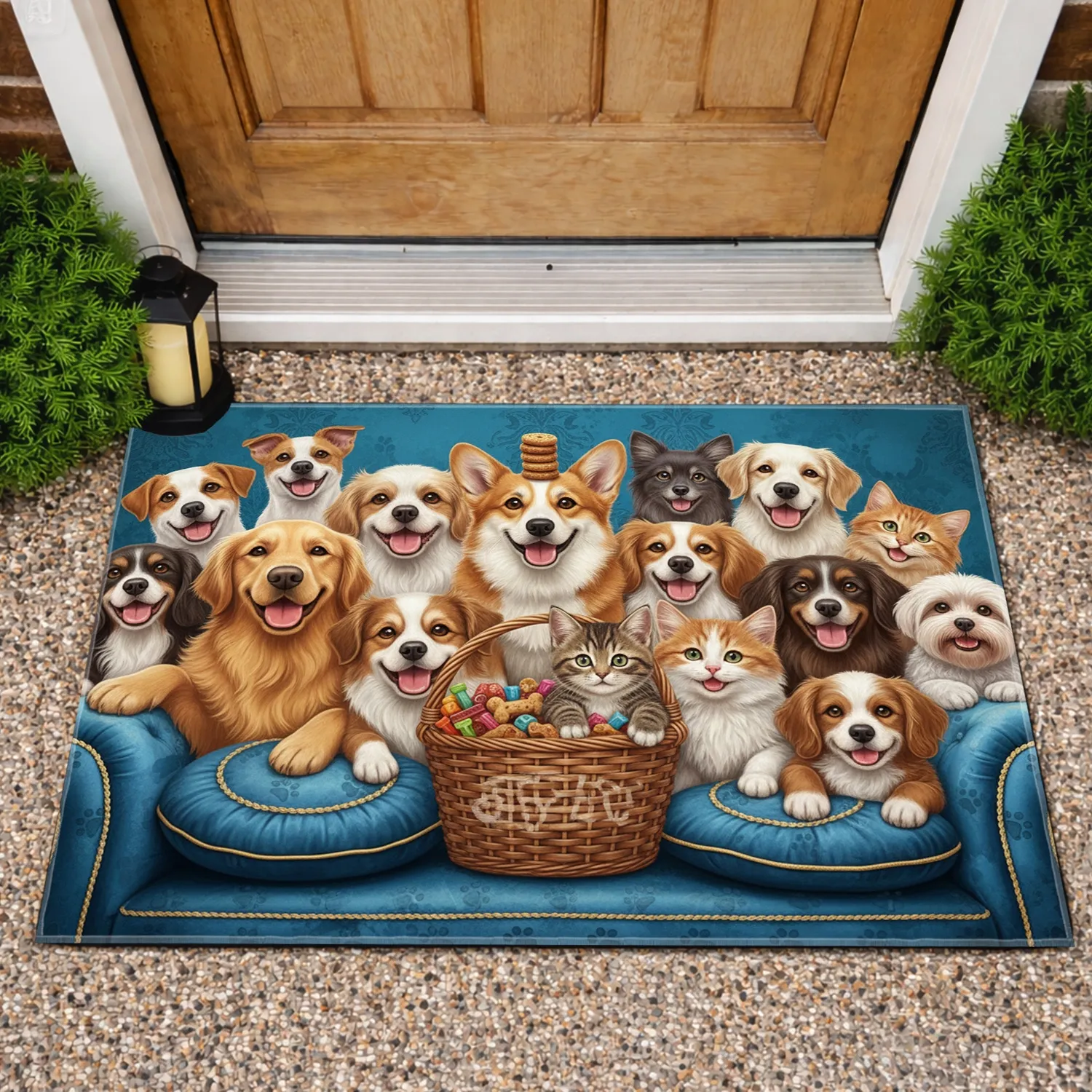 Dogs and Cats on Ornate Velvet Sofa with Treats - Home Decor Gift for Pet Lovers Doormat - 1