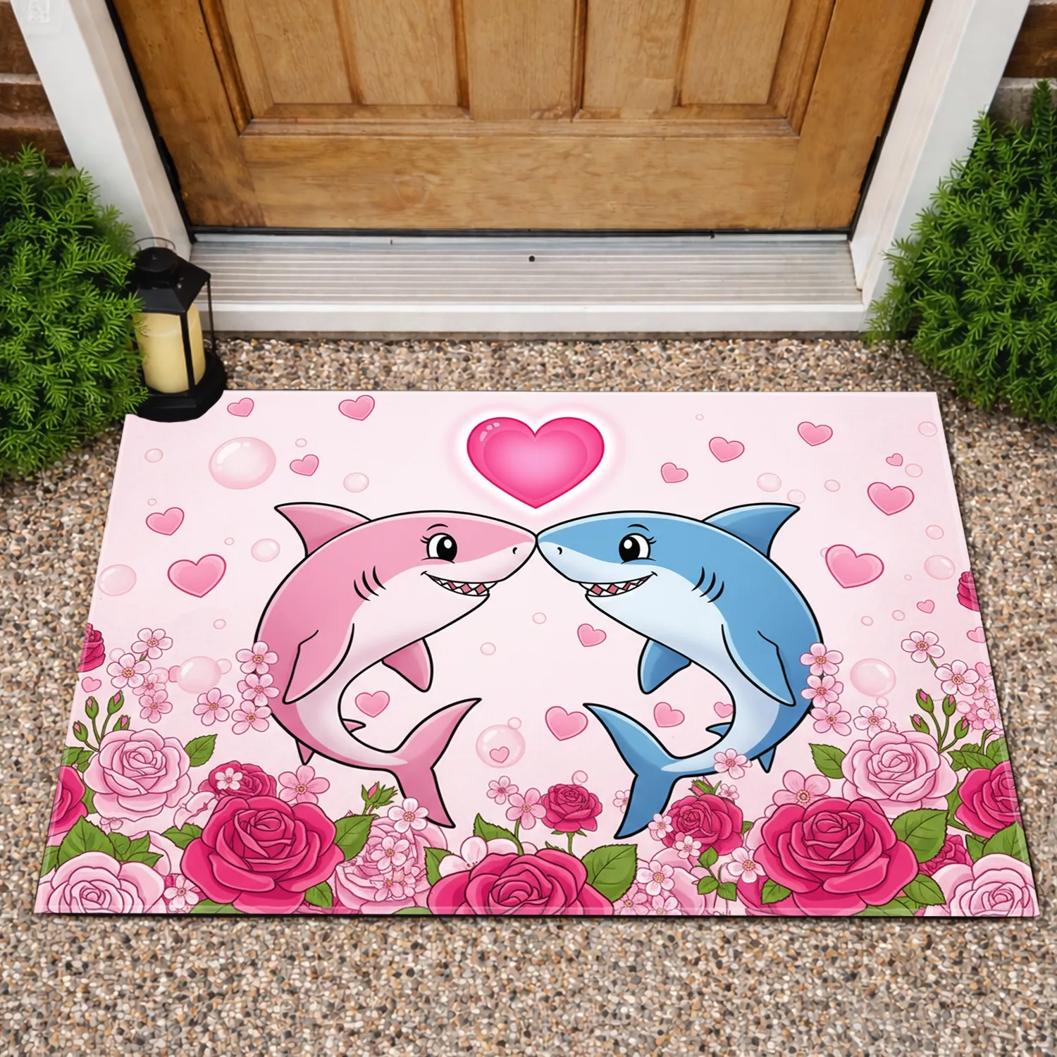 Shark Couple Heart Roses Valentine's Day Gift for Lovers Doormat - 1