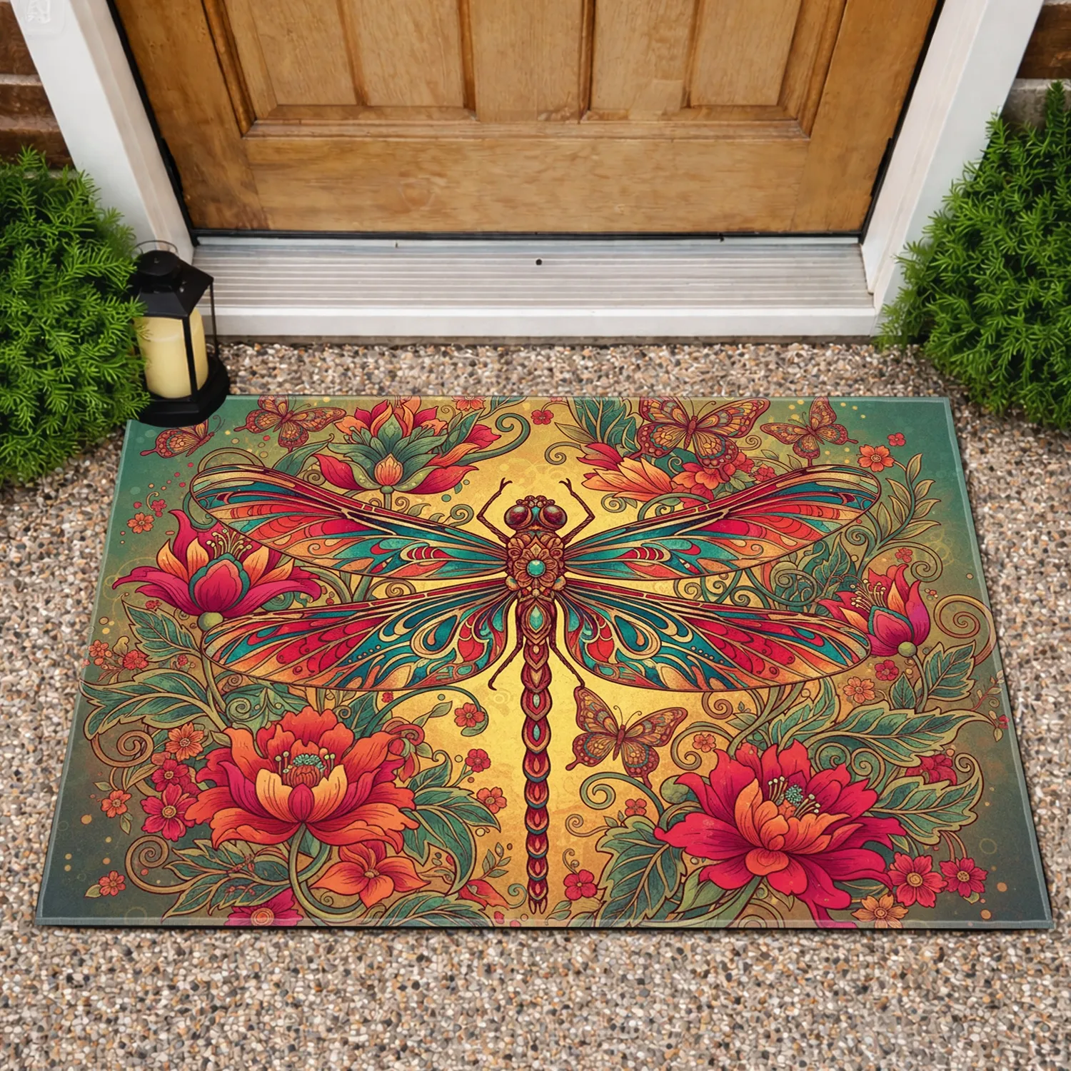 Ornate Dragonfly Floral Butterflies Botanical - Boho Home Decor Gift Doormat - 1