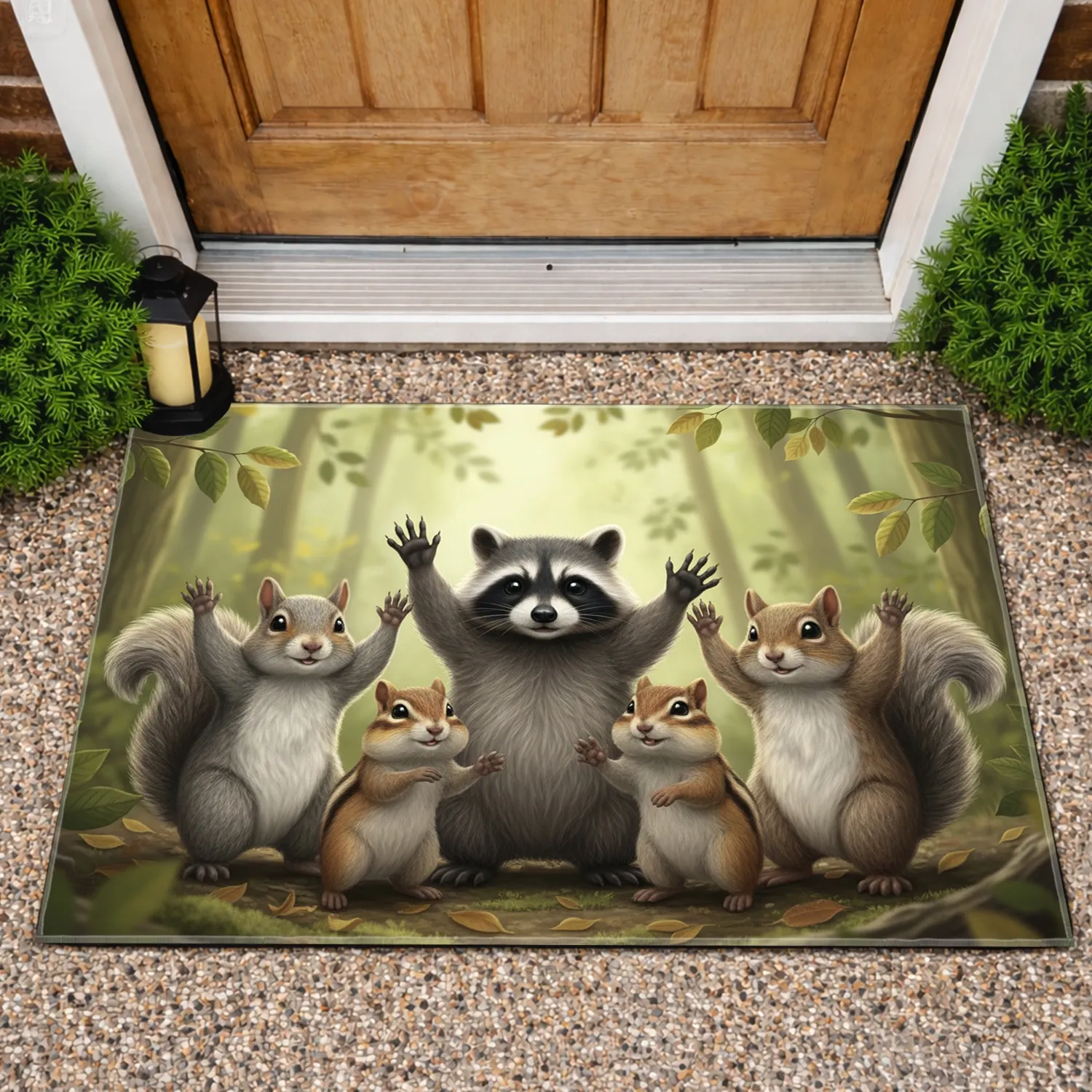 Waving Squirrel Chipmunk Raccoon Woodland Animals - Everyday Wildlife Lover Home Decor Gift Doormat - 1