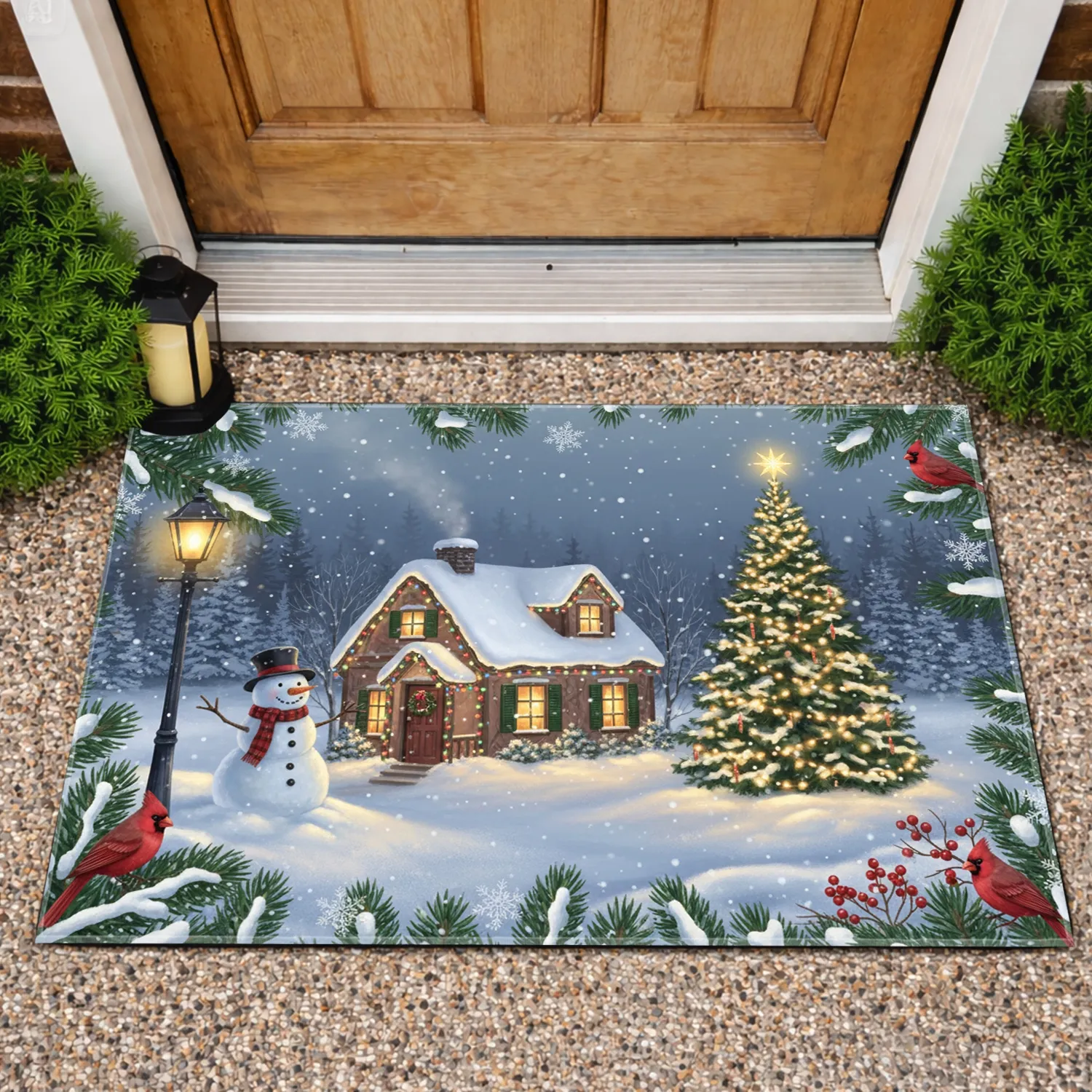 Christmas Cottage Snowman Tree - Christmas Home Decor Gift Doormat - 1