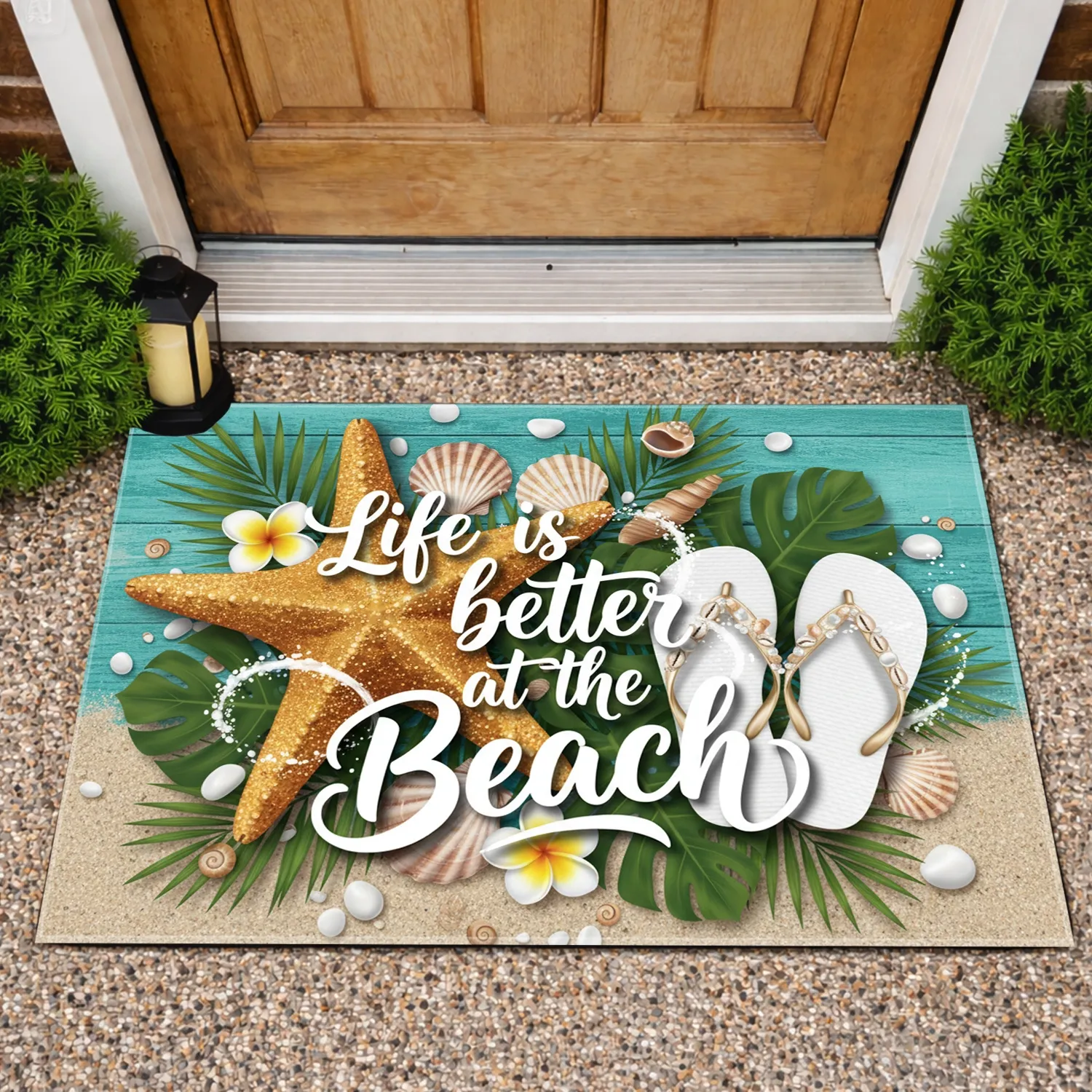 Life is Better at the Beach Starfish Flip Flops - Beach House Decor Gift Doormat - 1