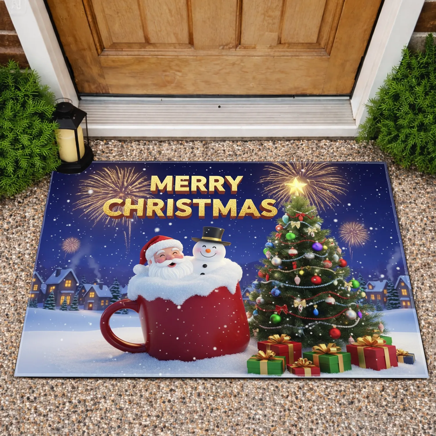 Red Christmas Mug Santa Snowman Village Golden Merry Christmas - Christmas Decor Doormat - 1