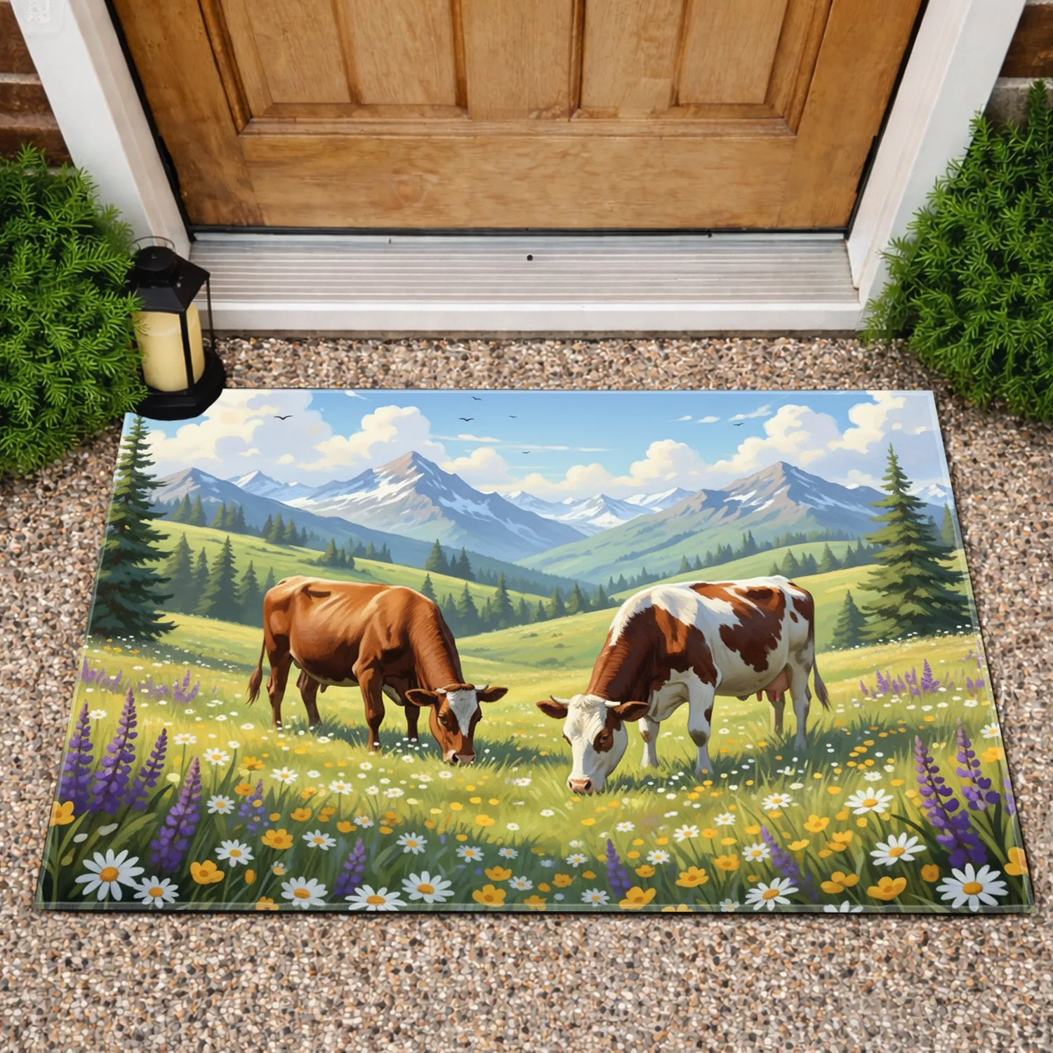 Brown White Cows Wildflower Meadow Landscape - Farmhouse Home Decor Gift for Cow Lover Doormat - 1