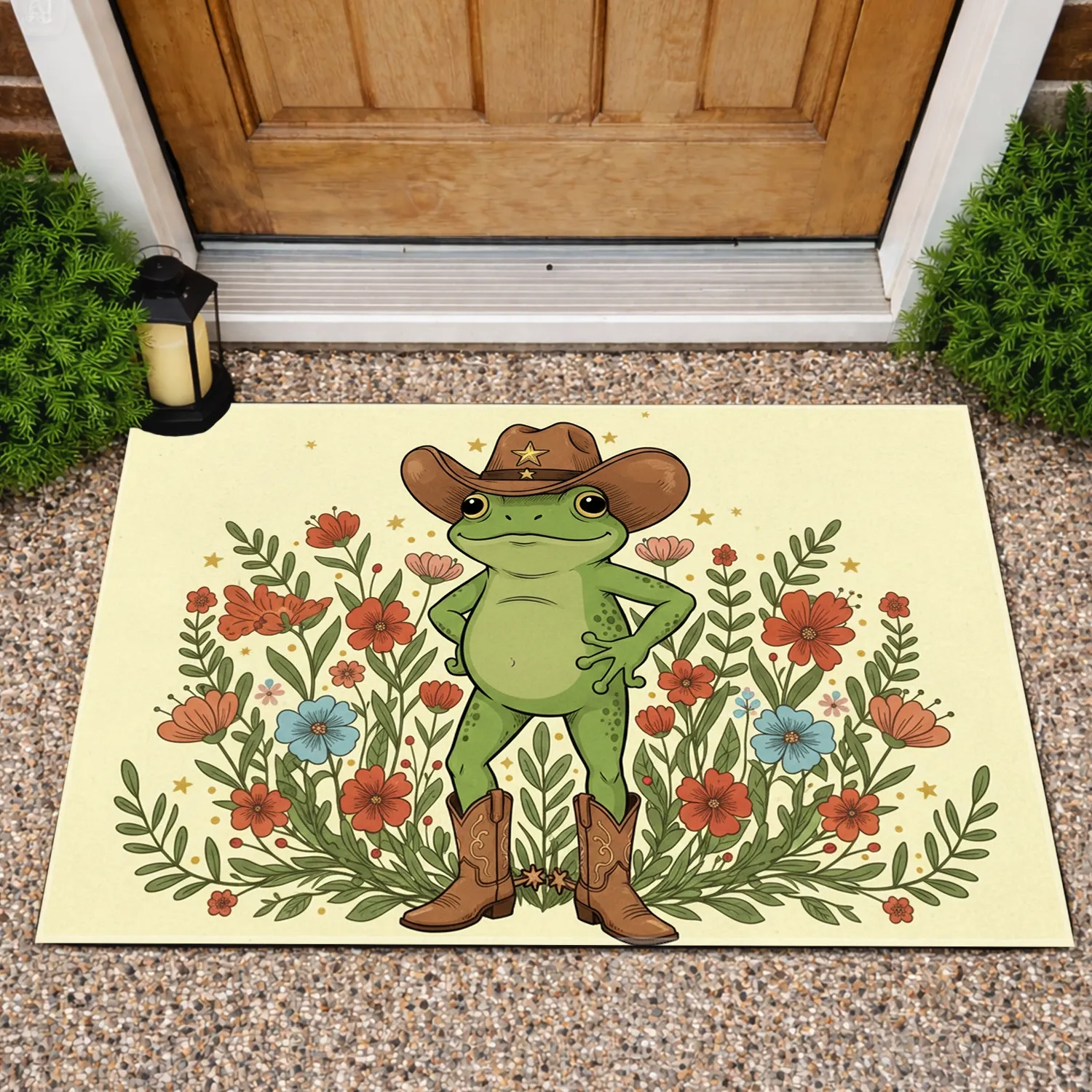 Rustic Green Frog Cowboy Hat Star Emblems Wildflowers - Farmhouse Home Decor Gift Doormat - 1