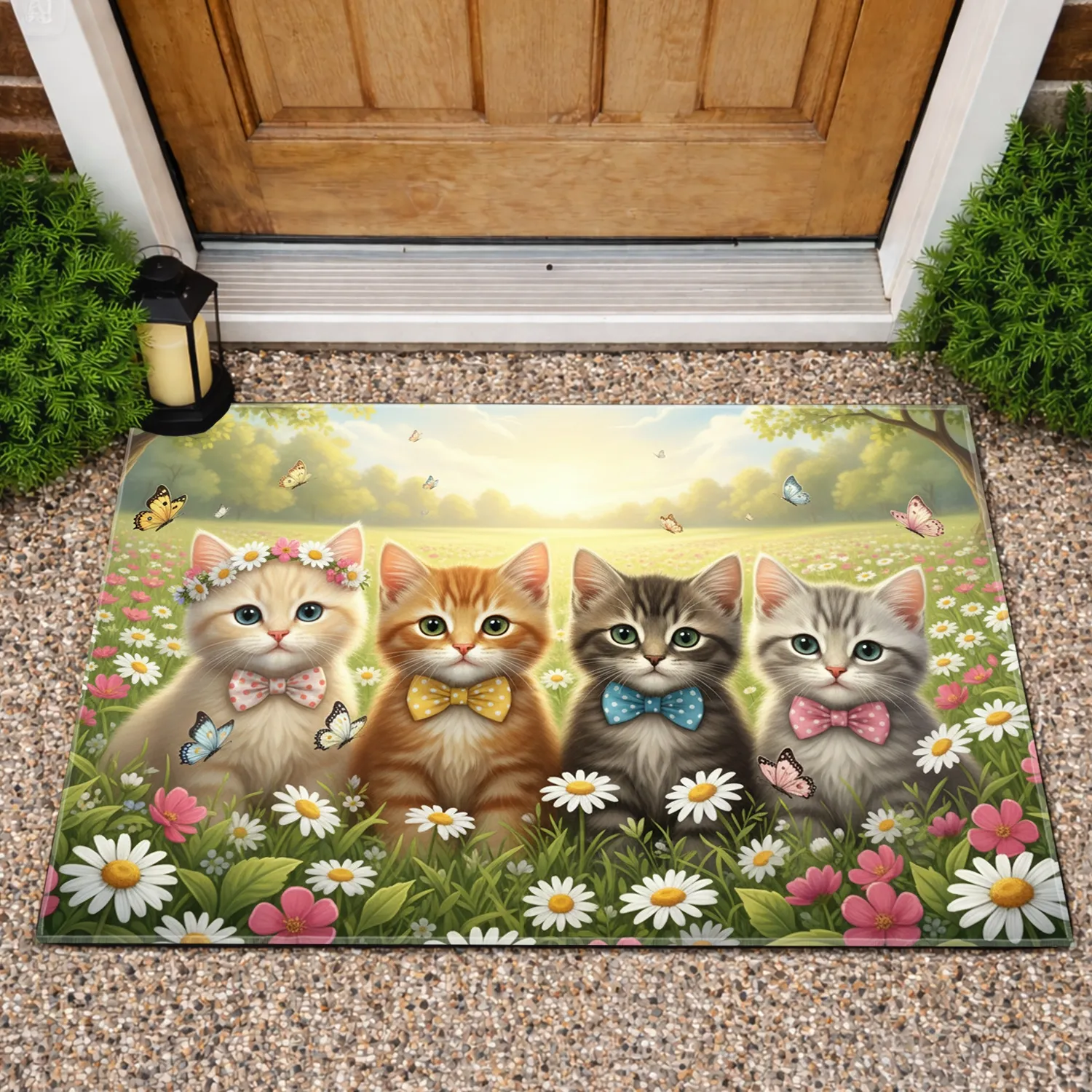 Kittens White Daisies Pink Wildflowers Butterfly Spring Meadow - Home Decor Gift for Cat Lover Doormat - 1