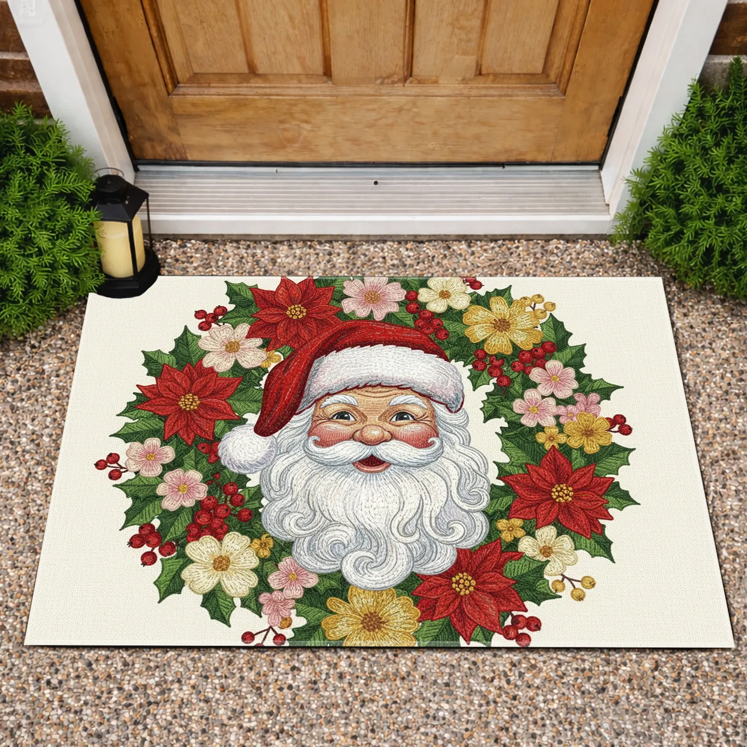 Santa Claus Head Christmas Wreath Poinsettia Holly - Holiday Home Decor Gift Doormat - 1