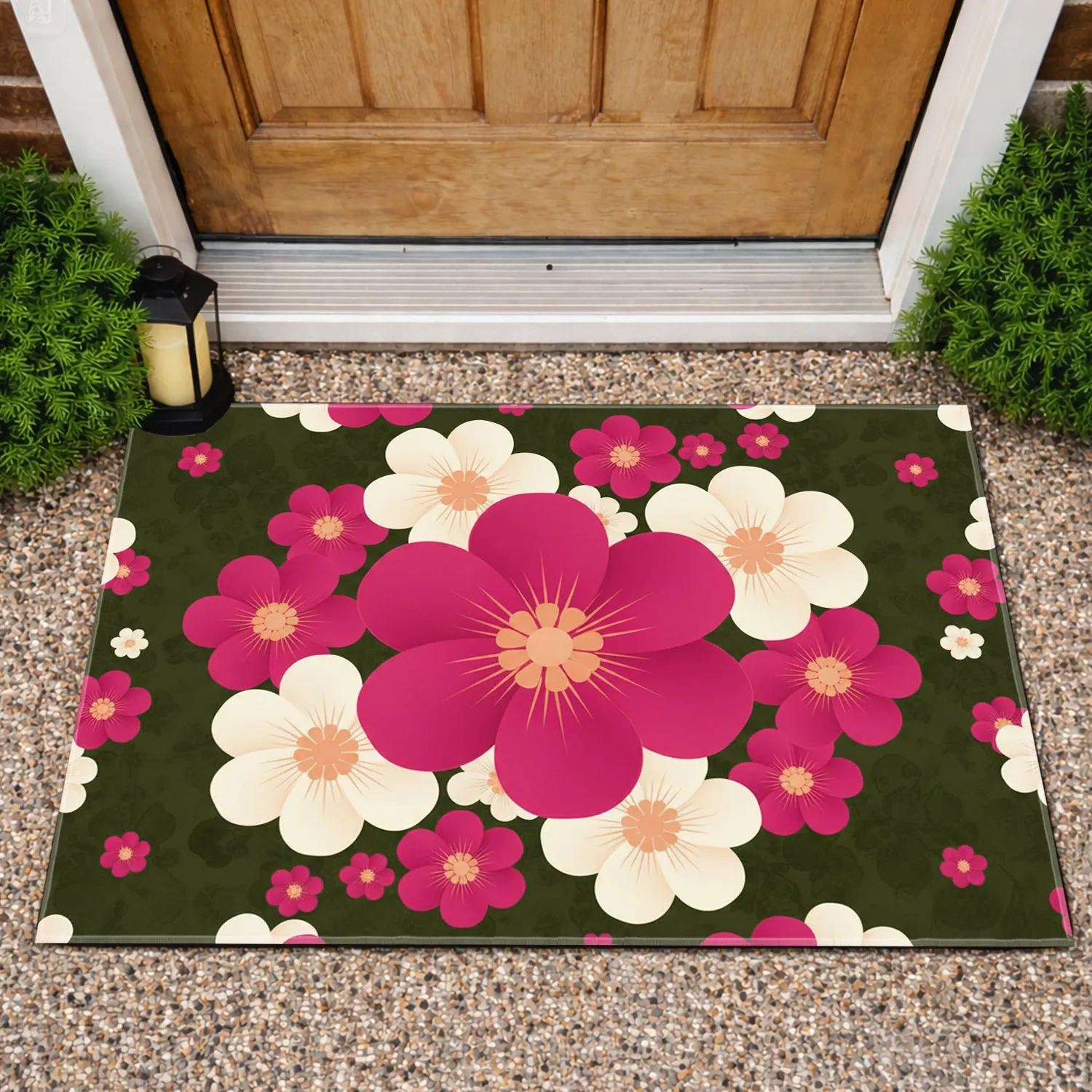 Large Rounded Five-Petal Floral Pink White Peach Blooms Olive Green Field - Everyday Home Accent Doormat - 1