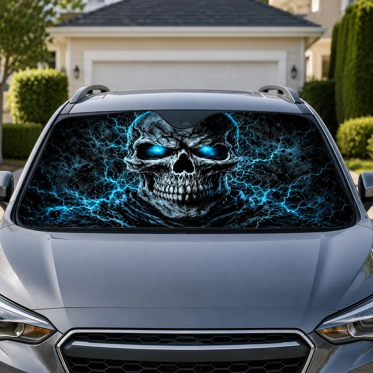 Glowing Blue Skull Lightning Dark Gothic Horror Halloween Road Trip Gift For Men Car Sunshade - 1