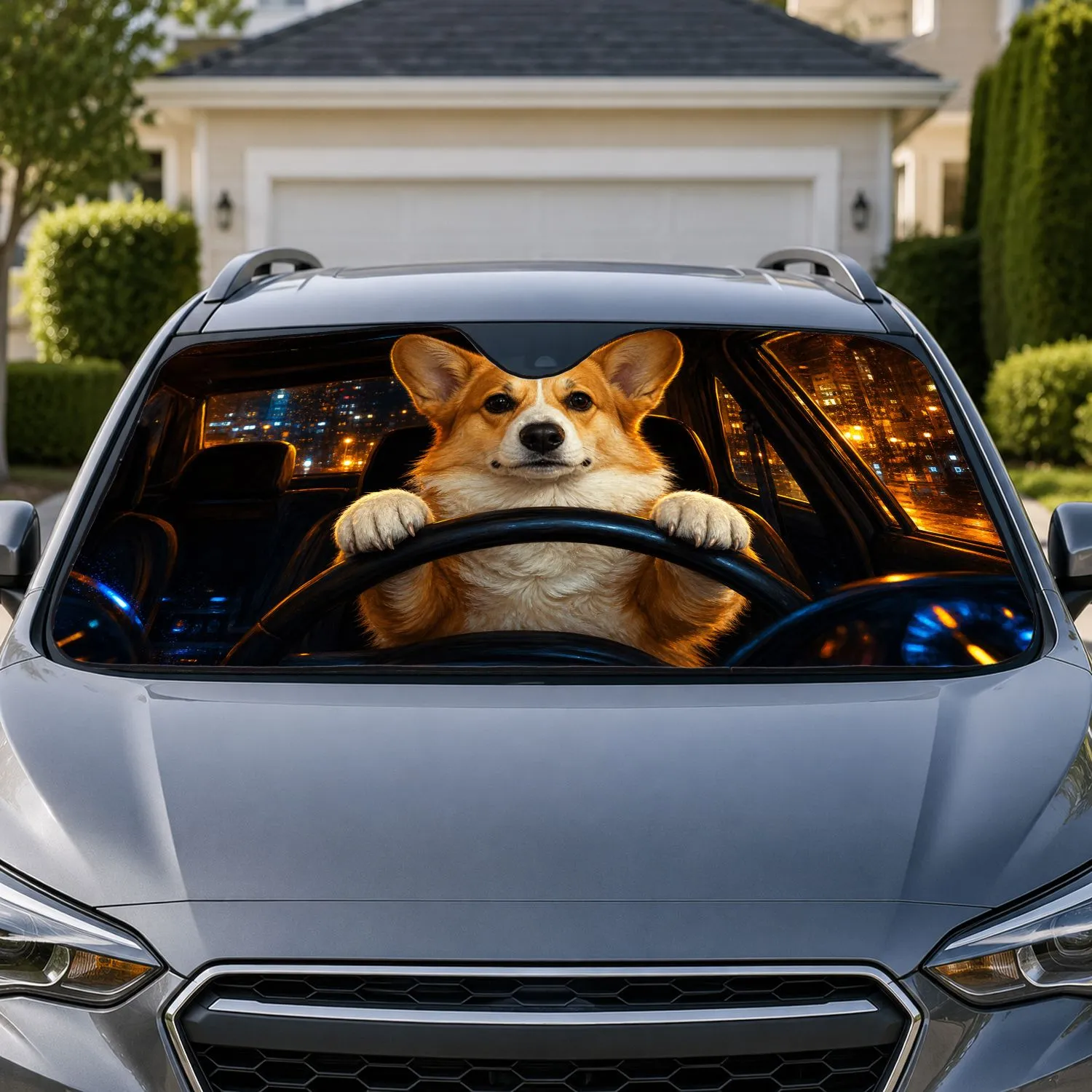 Realistic Corgi Driving At Night With City Lights For Dog Lovers And Road Trips Fans Car Sunshade - 1