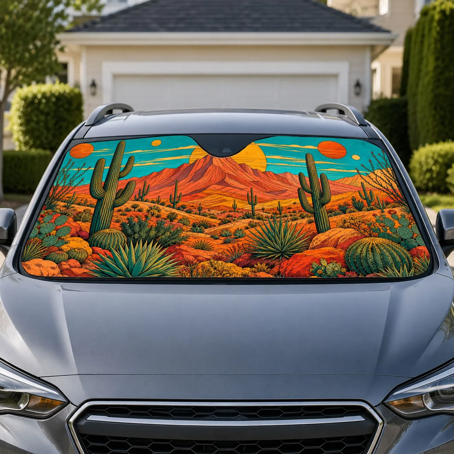Southwest Desert Cactus Sunset With Turquoise Sky For Western Road Trips Boho Travel Vibes Car Sunshade - 1