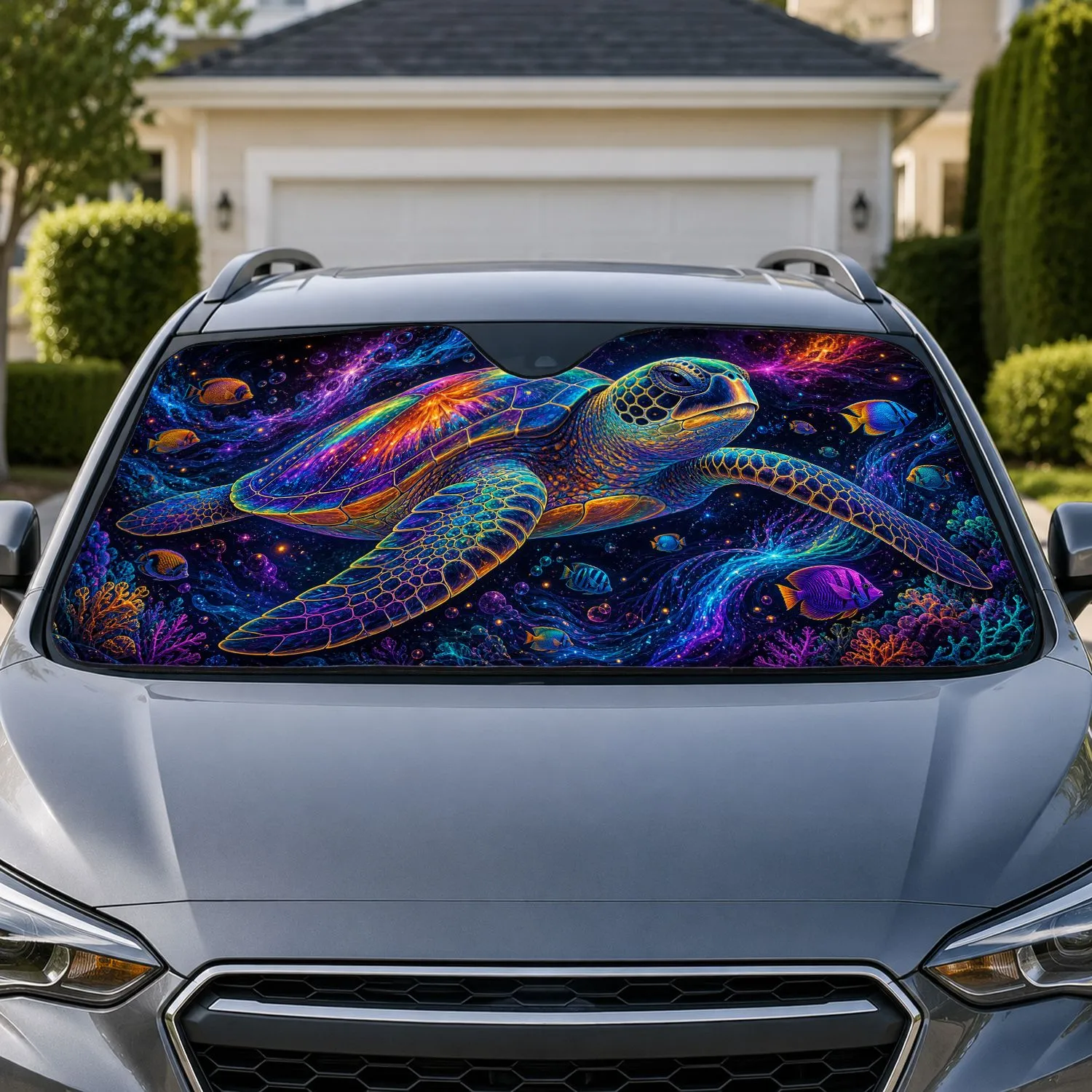 Neon Cosmic Sea Turtle With Tropical Fish For Ocean Lovers And Beach Road Trip Fans Car Sunshade - 1