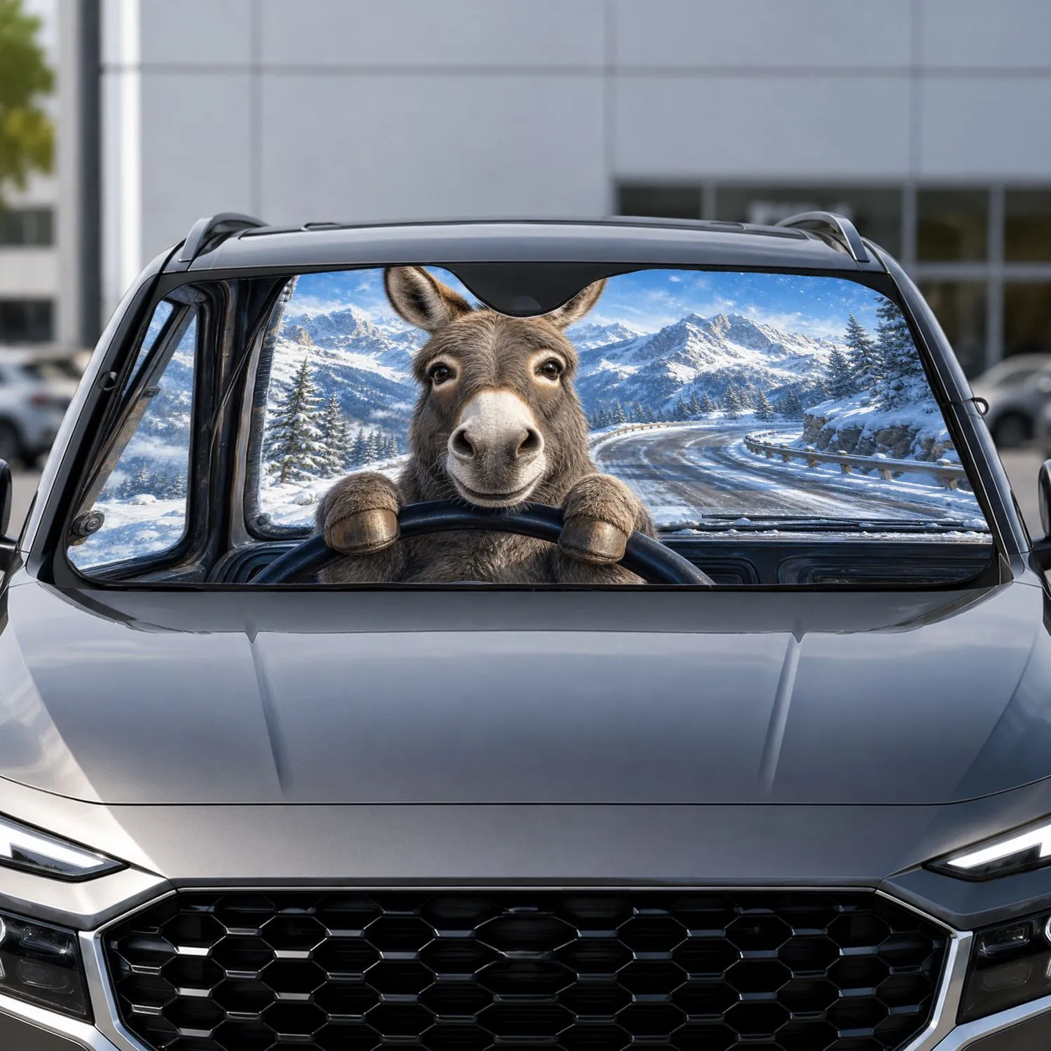 Realistic Alpine Donkey Driving Snowy Mountain Road Winter Travel Gift For Animal Lovers Car Sunshade - 1