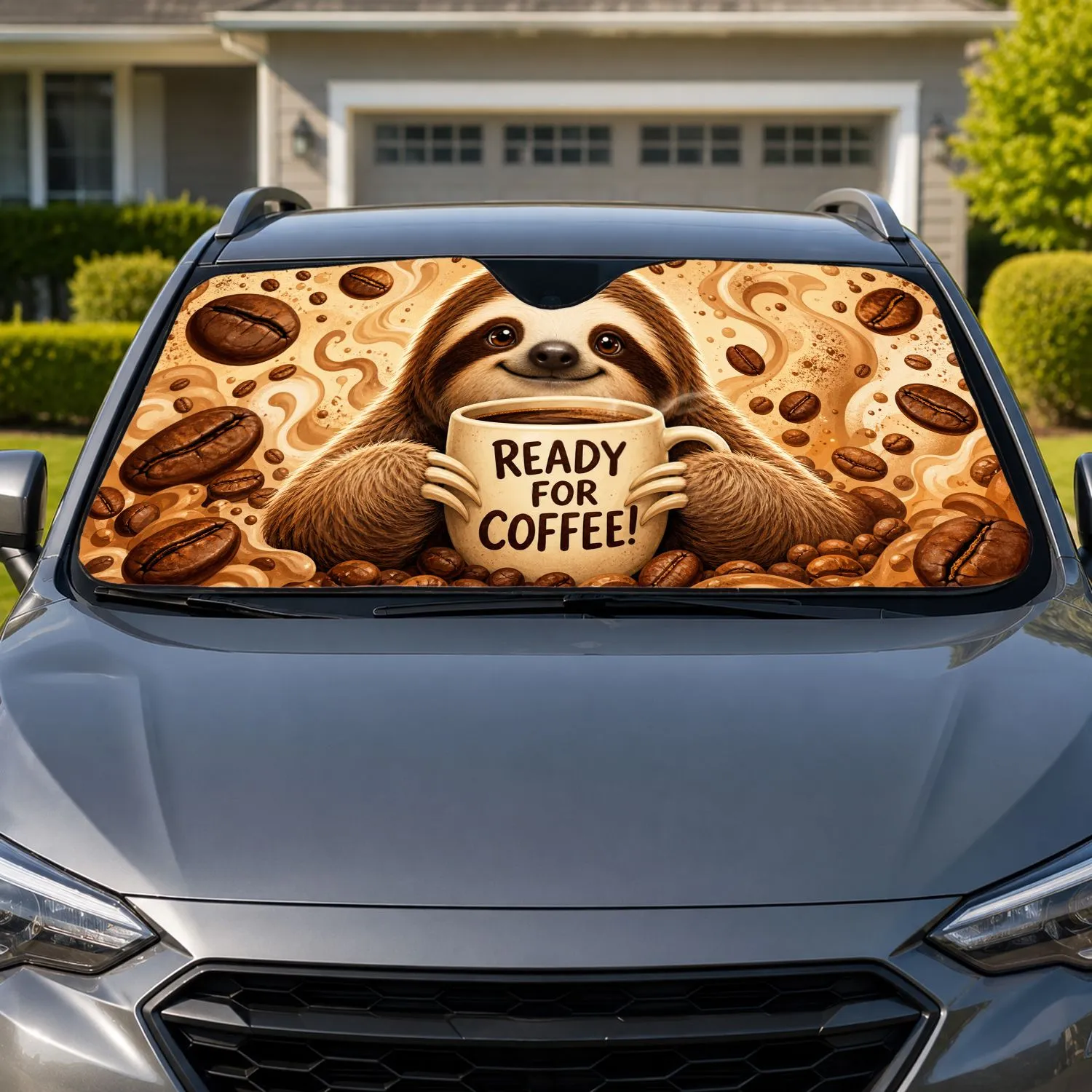 Cute Sloth Holding Ready For Coffee Mug For Cozy Morning Commutes And Coffee Lovers Car Sunshade - 1